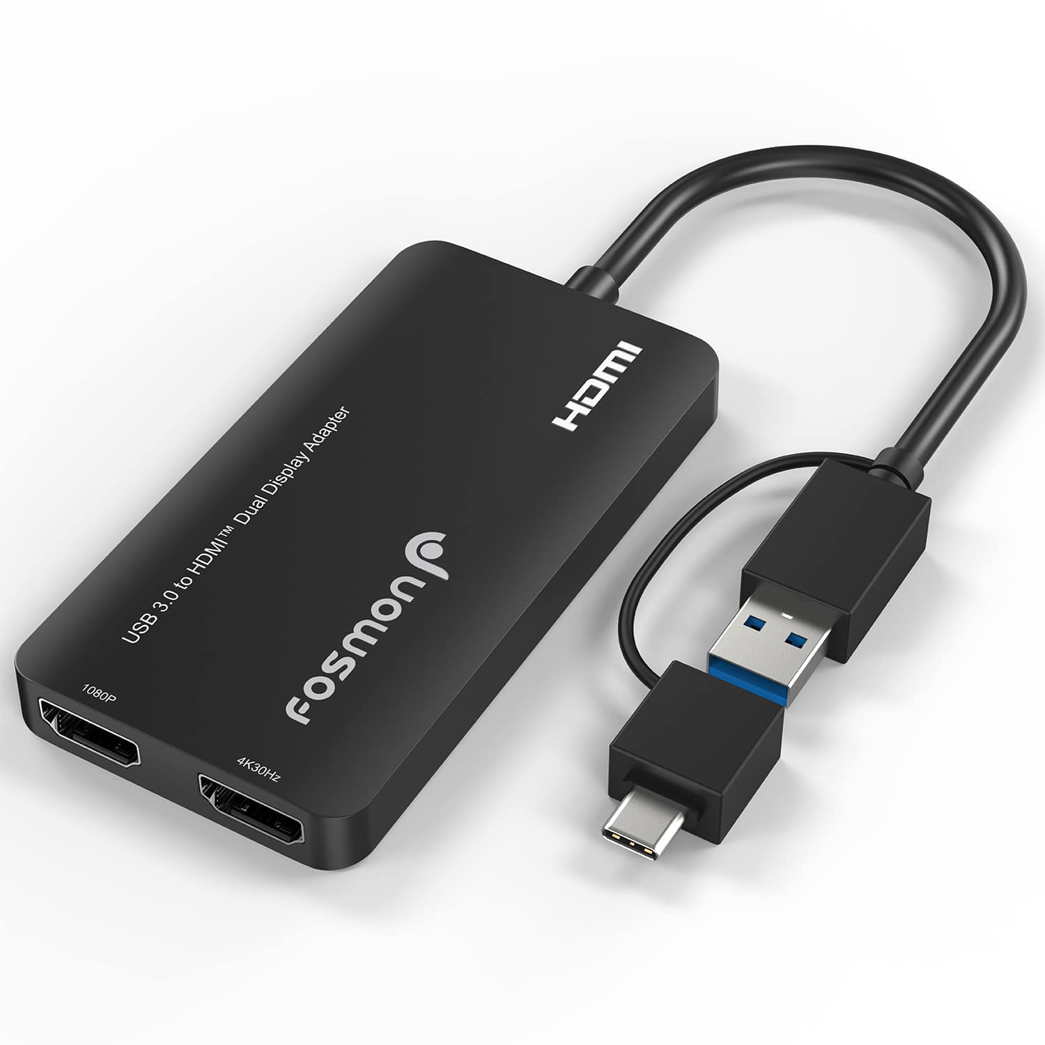 Fosmon - 2-in-1 USB C & USB 3.0 to Dual HDMI Display Adapter, 1x 4K@30Hz & 1x 1080p, Multi-Monitor Display (3 Separate Screens) - Black