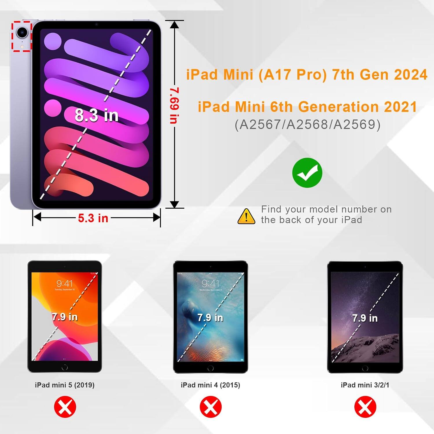 iPad Mini (A17 Pro) 7th Gen 2024  
iPad Mini 6th Generation 2021 (A2567/A2568/A2569)  
Find your model number on the back of your iPad  

iPad mini 5 (2019)  
iPad mini 4 (2015)  
iPad mini 3/2/1