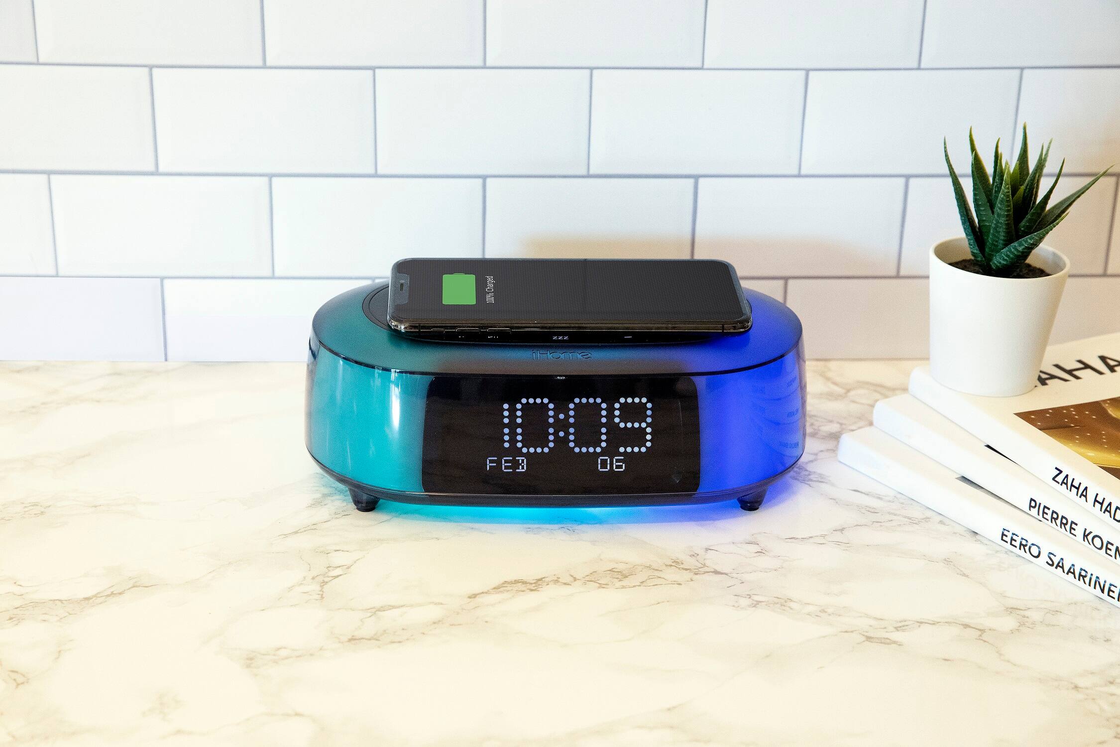 Alt View 23. iHome - TimeBoost Glow - Color Changing Bluetooth Alarm Clock Speaker System with Qi Wireless Fast Charging and USB Charging - Black.