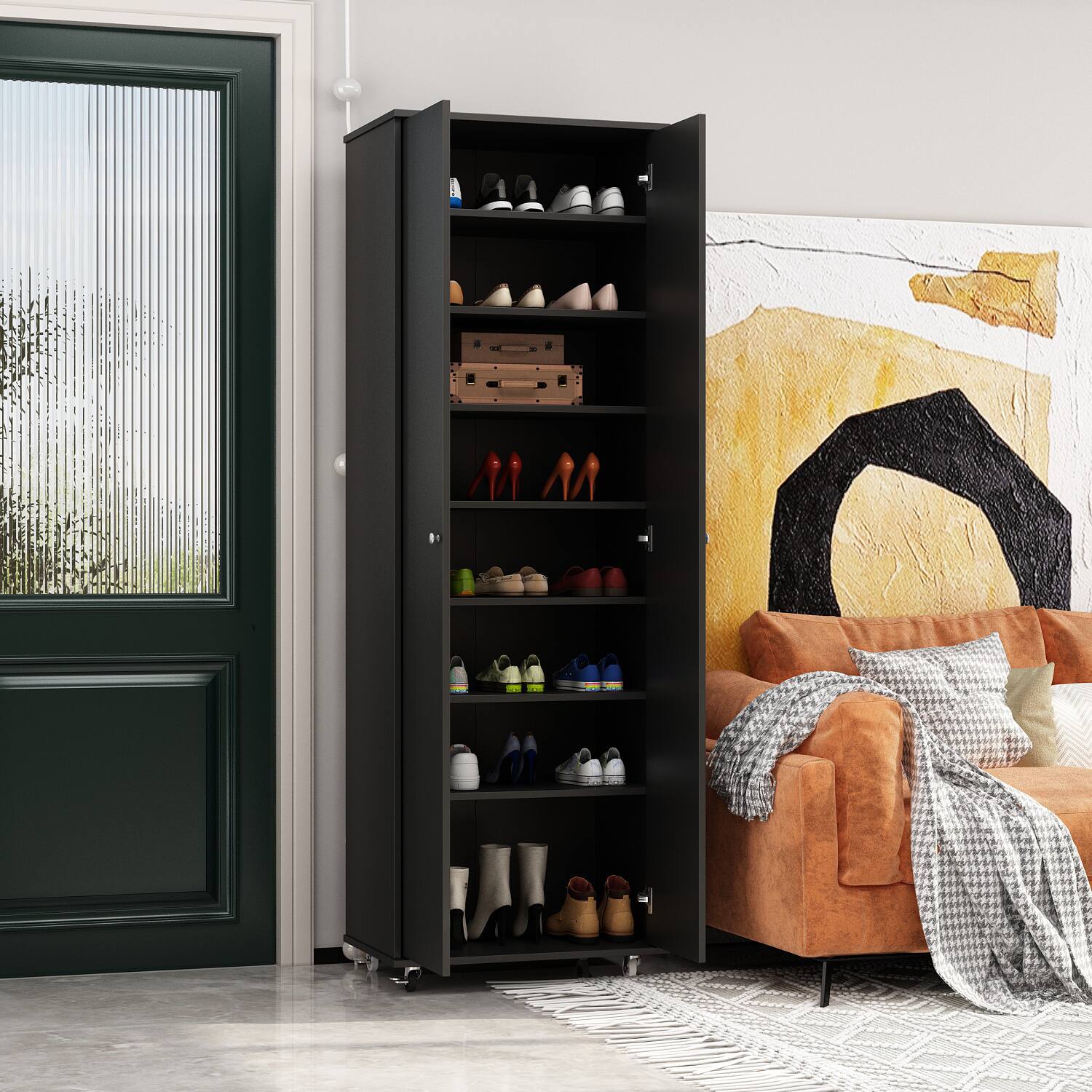 Back. FUFU & GAGA - Large Capacity Rolling Shoe Cabinet with 360° Swivel Wheels – Durable Family Storage Organizer - Black.