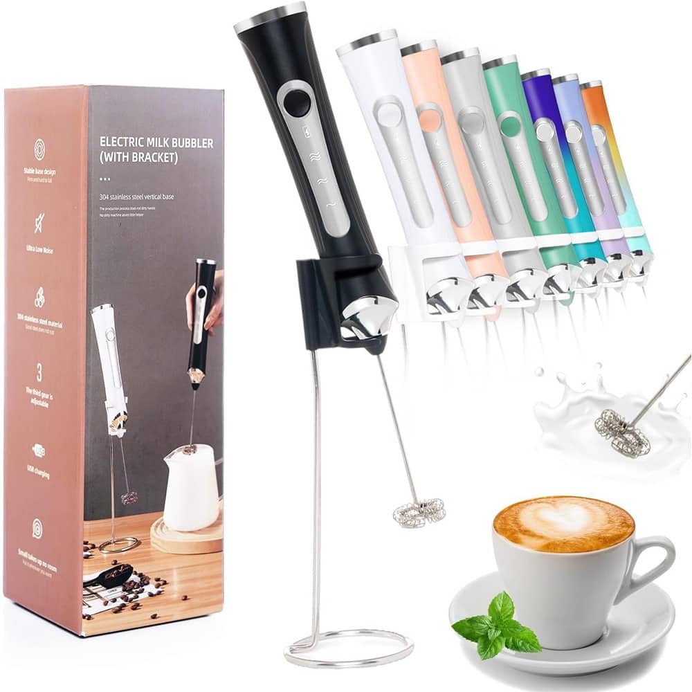 ACJPR - Rechargeable Handheld Milk Frother for Coffee with 3 Speeds, Stand, Dual Whisk Heads, and Electric Drink Mixer - Black