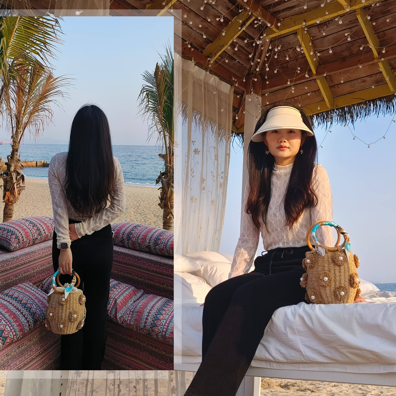 Back. Fabibe - Flower Pearls Rattan Tote Bag Summer Beach Drawstring Straw Bucket Woven Handbag - J Beige.