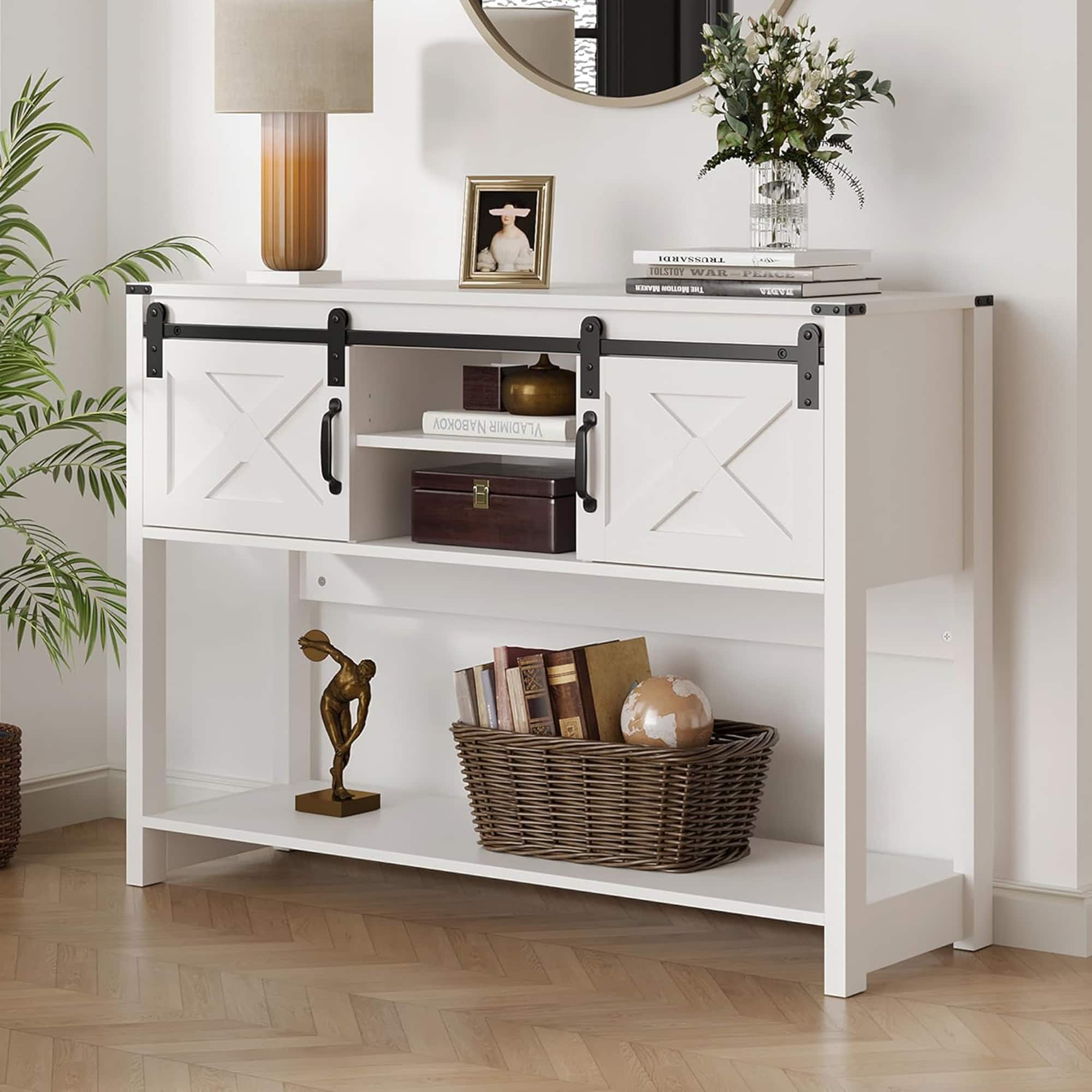 RoyalCraft - Farmhouse Entryway Console Wooden Table with Storage Shelves - White