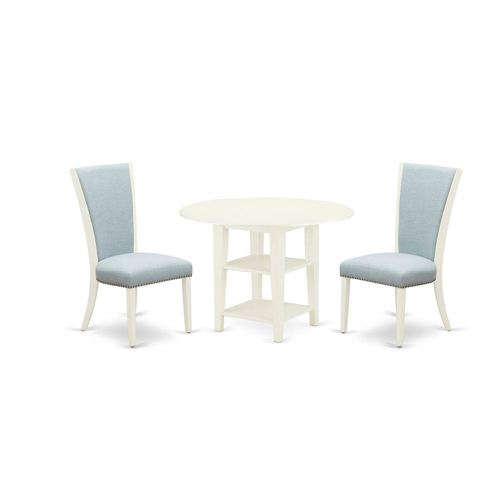 Left. East West Furniture - East-West Furniture SUVE3-LWH-15 - A kitchen dining table set of 2 great kitchen dining chairs with Linen Fabric Baby - Linen White.
