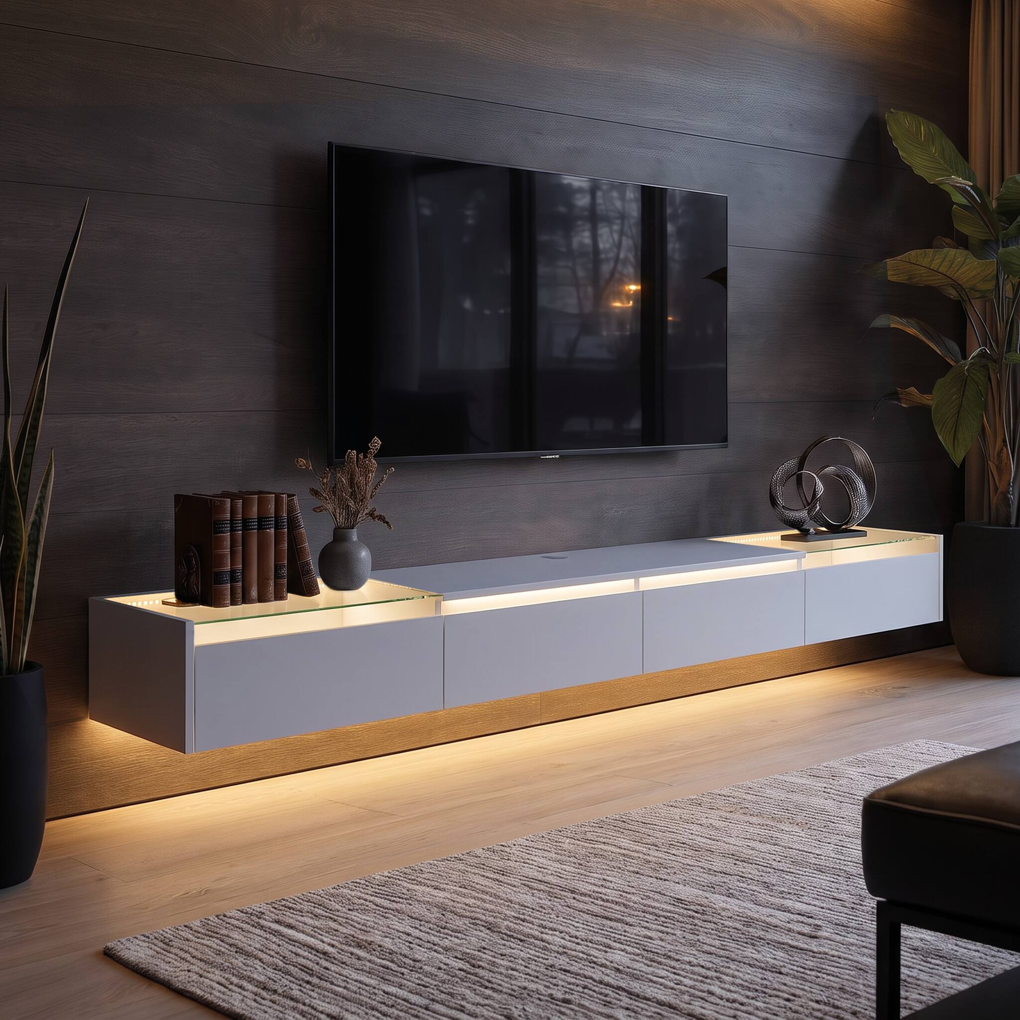 Angle. Famapy - 78.7-Inch Wall-Mounted TV Console with 4 Flip-Down Doors, Glass Display Cabinets & LED Lights - White.