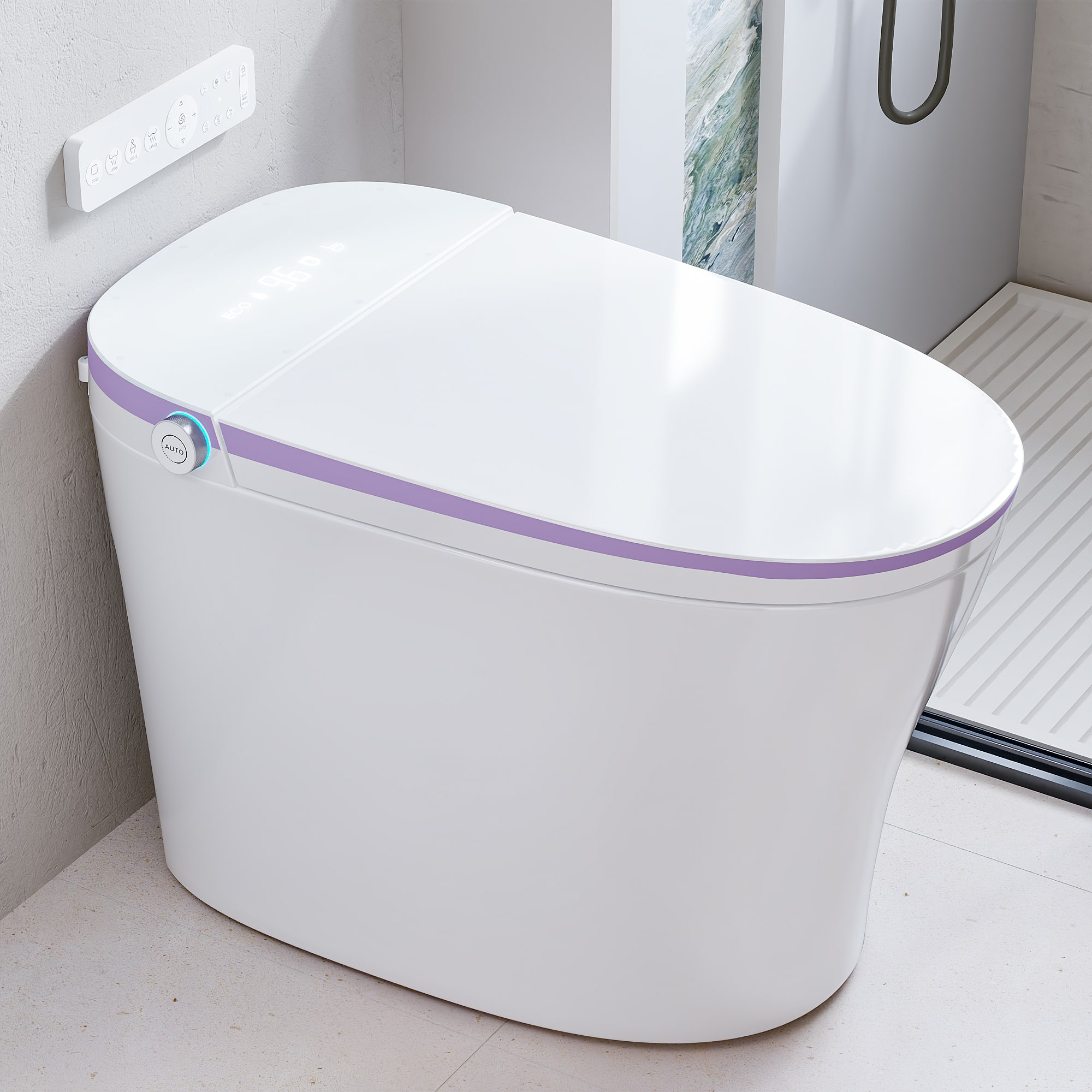 TOTTE - Smart Bidet Toilet with Auto Flush, Heated Seat, Warm Water Wash, Dryer, Foam Shield & Remote Control - White & Purple