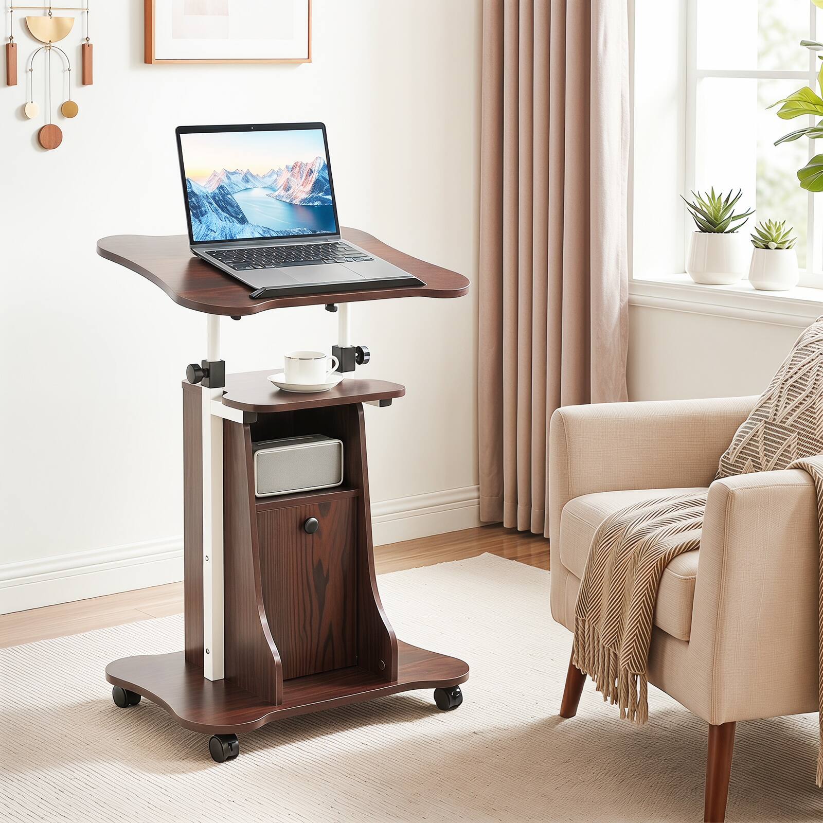 Alt View 4. Costway - Costway 2PCS Mobile Podium Stand with Tilting Top Storage Cabinet & Lockable Wheels - Brown + White.