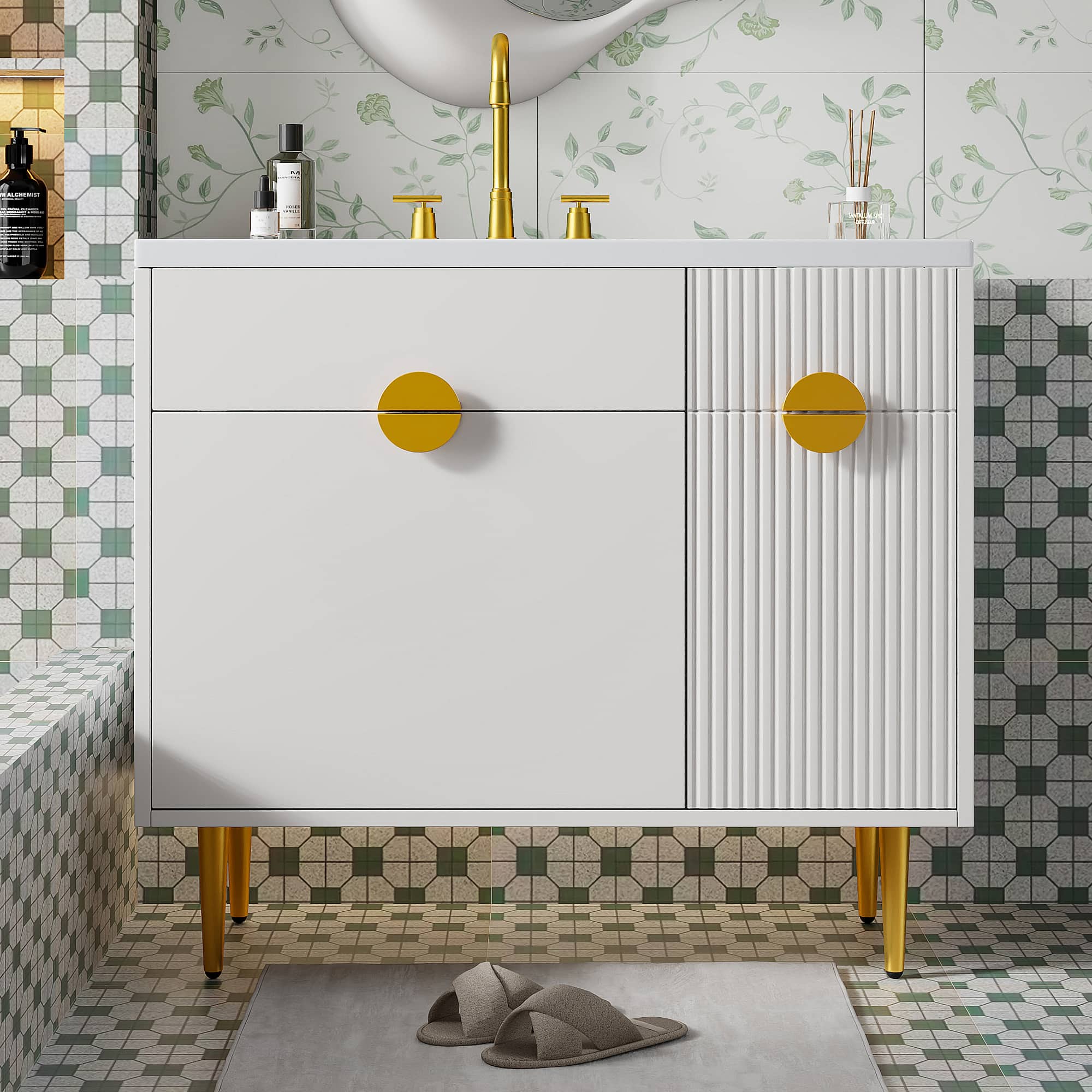 Tiramisubest - 36" Bathroom Vanity with Resin Basin Sink, Modern Bathroom Sink Cabinet, Storage Cabinet - White
