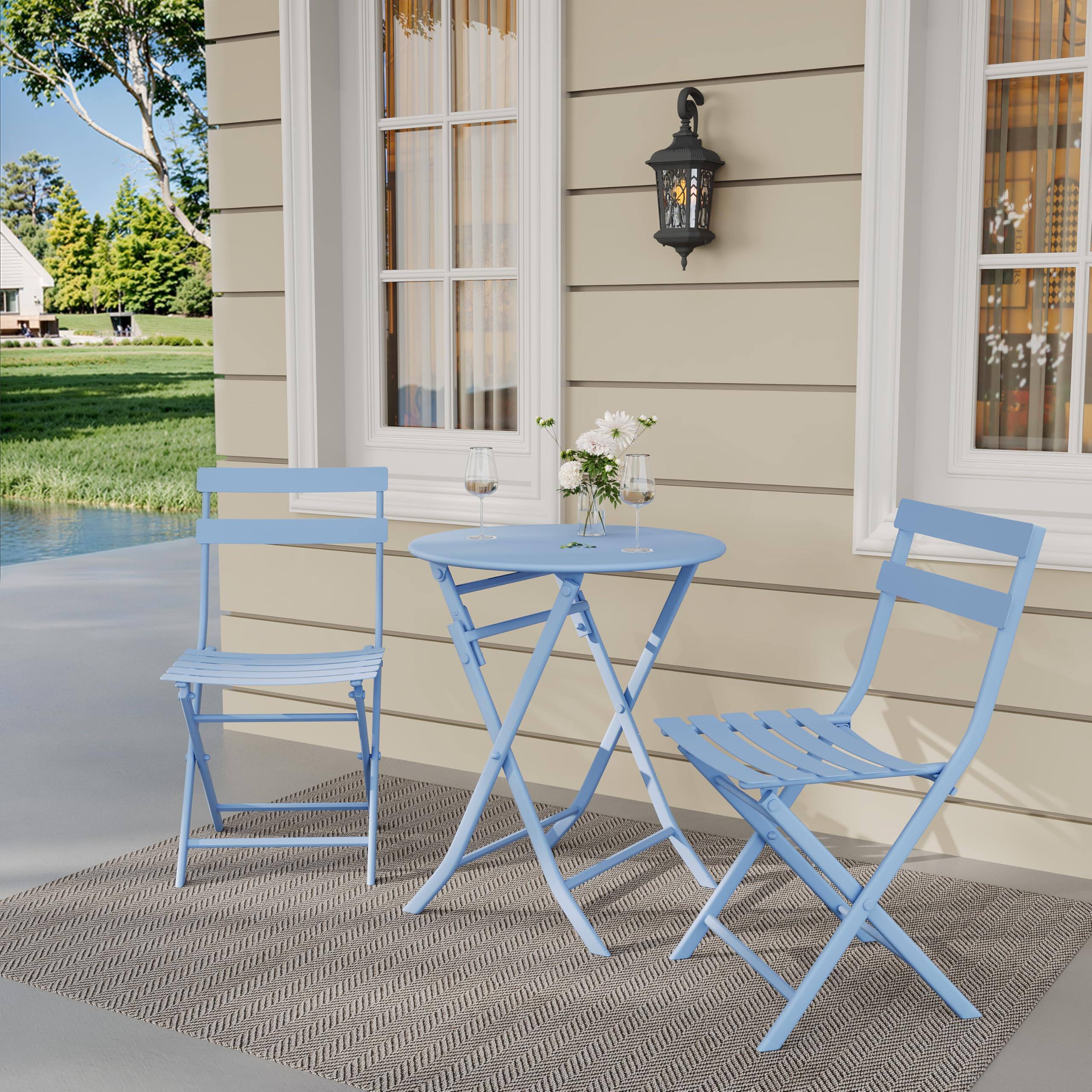 Alt View 2. Homhougo - 3-Piece Folding Bistro Set, Foldable Patio Furniture Set with Premium Frame, Outdoor Bistro Table and Chairs Set of 2 - Blue.