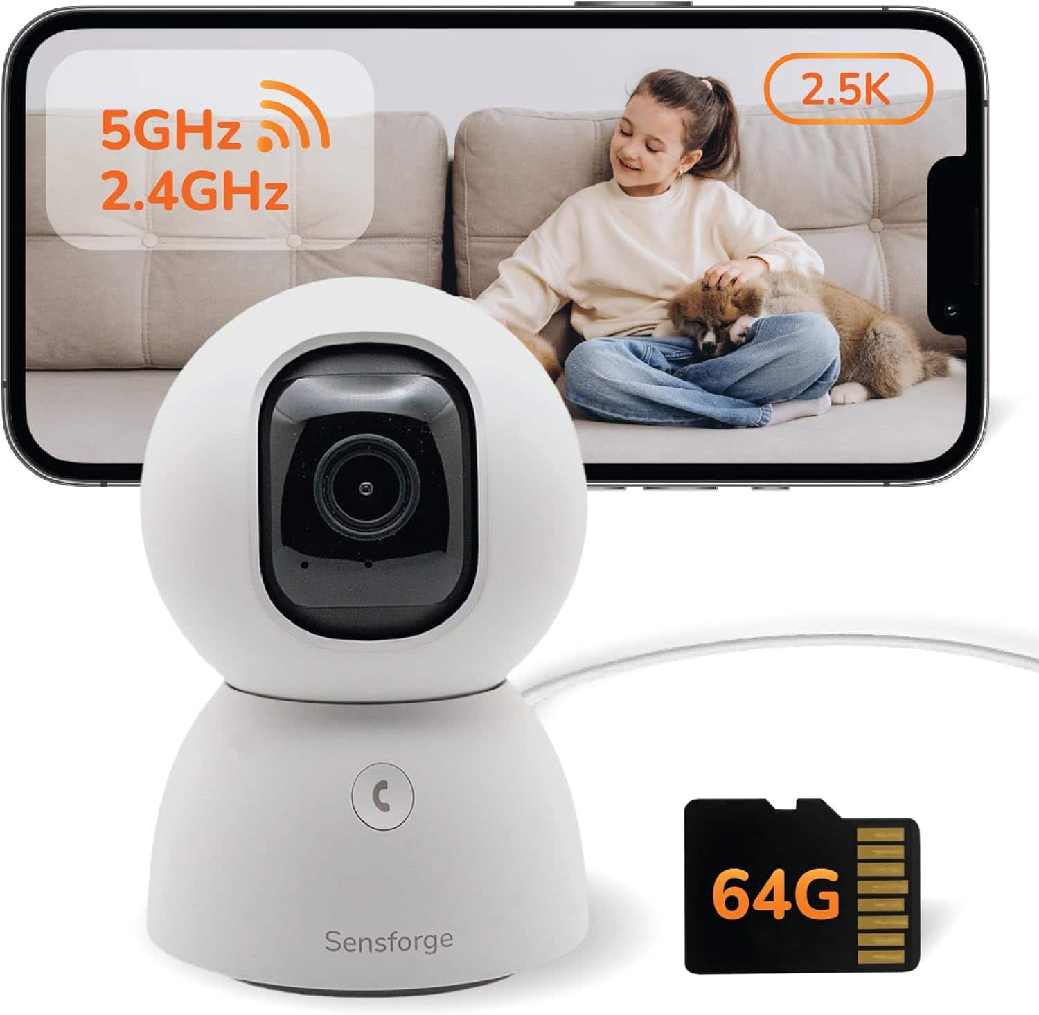 Sensforge - 2.5K Pan-Tilt Security Camera, AI Detection, 360° Coverage, Two-Way Audio, Dual-Band Wi-Fi, 64GB SD - White