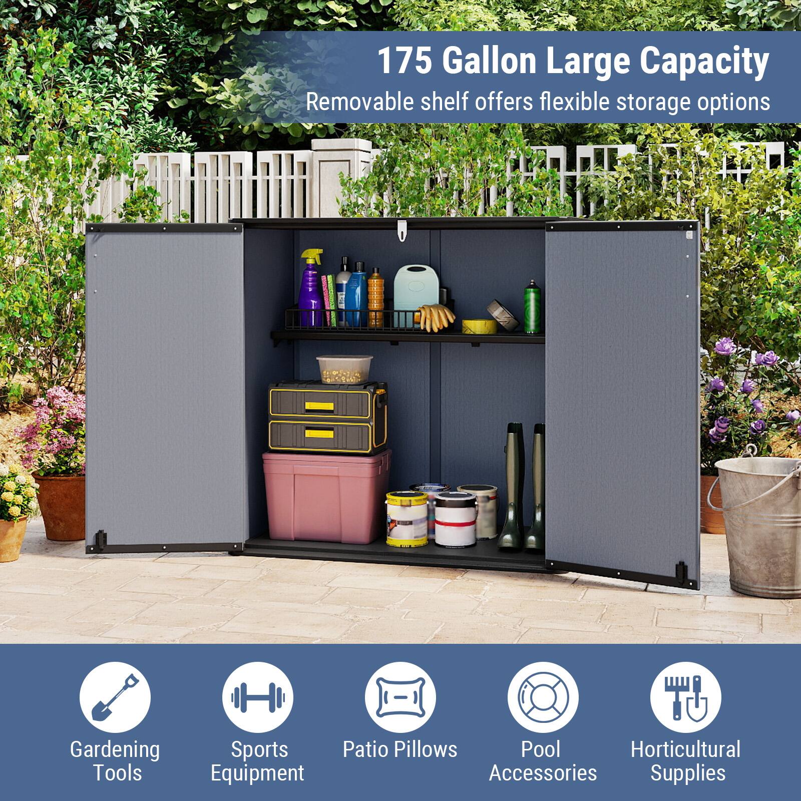 175 Gallon Large Capacity Removable shelf offers flexible storage options

Gardening Sports Patio Pillows Pool Horticultural Tools Equipment Accessories Supplies