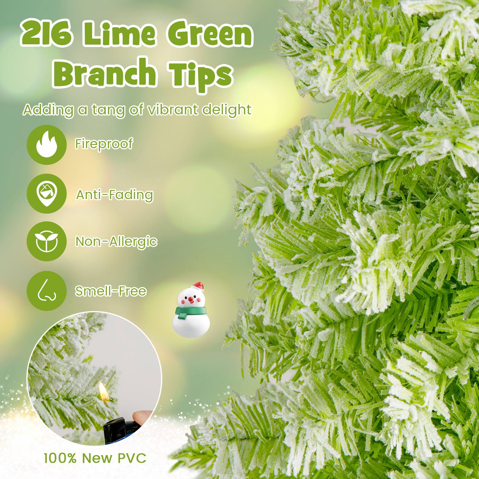 216 Lime Green Branch Tips  
Adding a tang of vibrant delight  
Fireproof  
Anti-Fading  
Non-Allergic  
Smell-Free  
100% New PVC