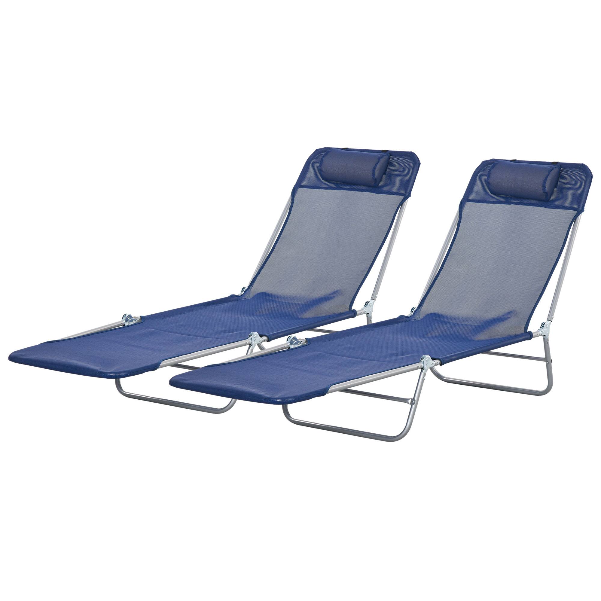 Outsunny - Piece Sun Loungers, Folding Chaise Lounge Chairs with Reclining Back, Breathable Mesh Seat, Headrest - Dark Blue