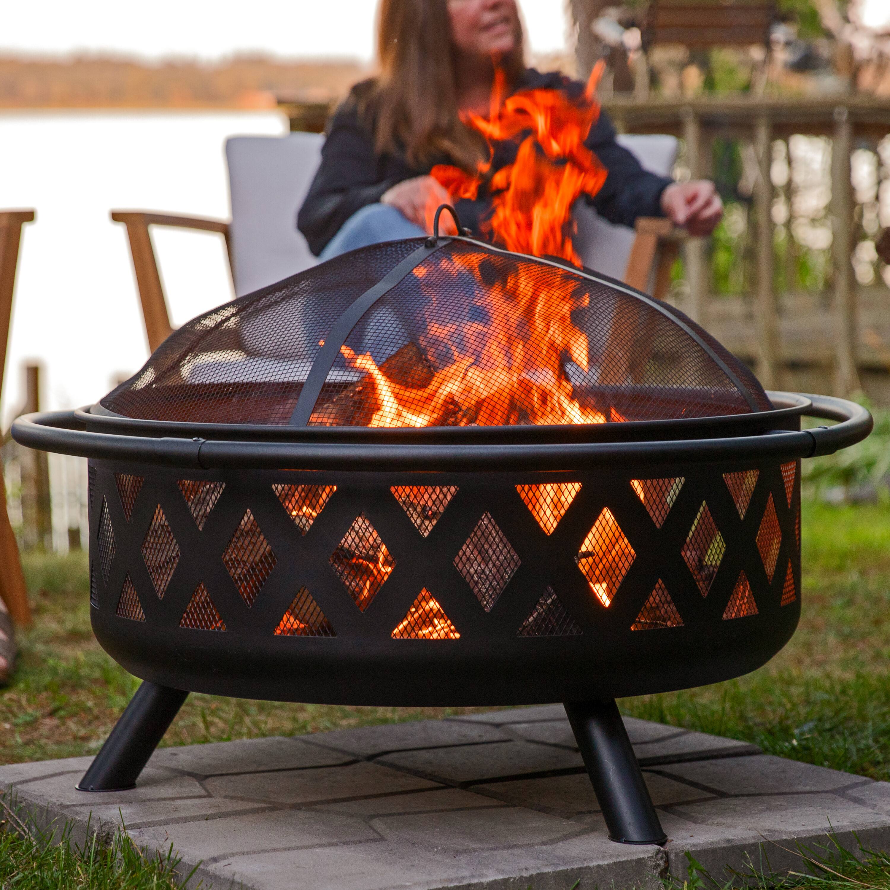 Alt View 1. Sunnydaze - 36 in Crossweave Steel Fire Pit with Screen, Poker, and Cover - Black.