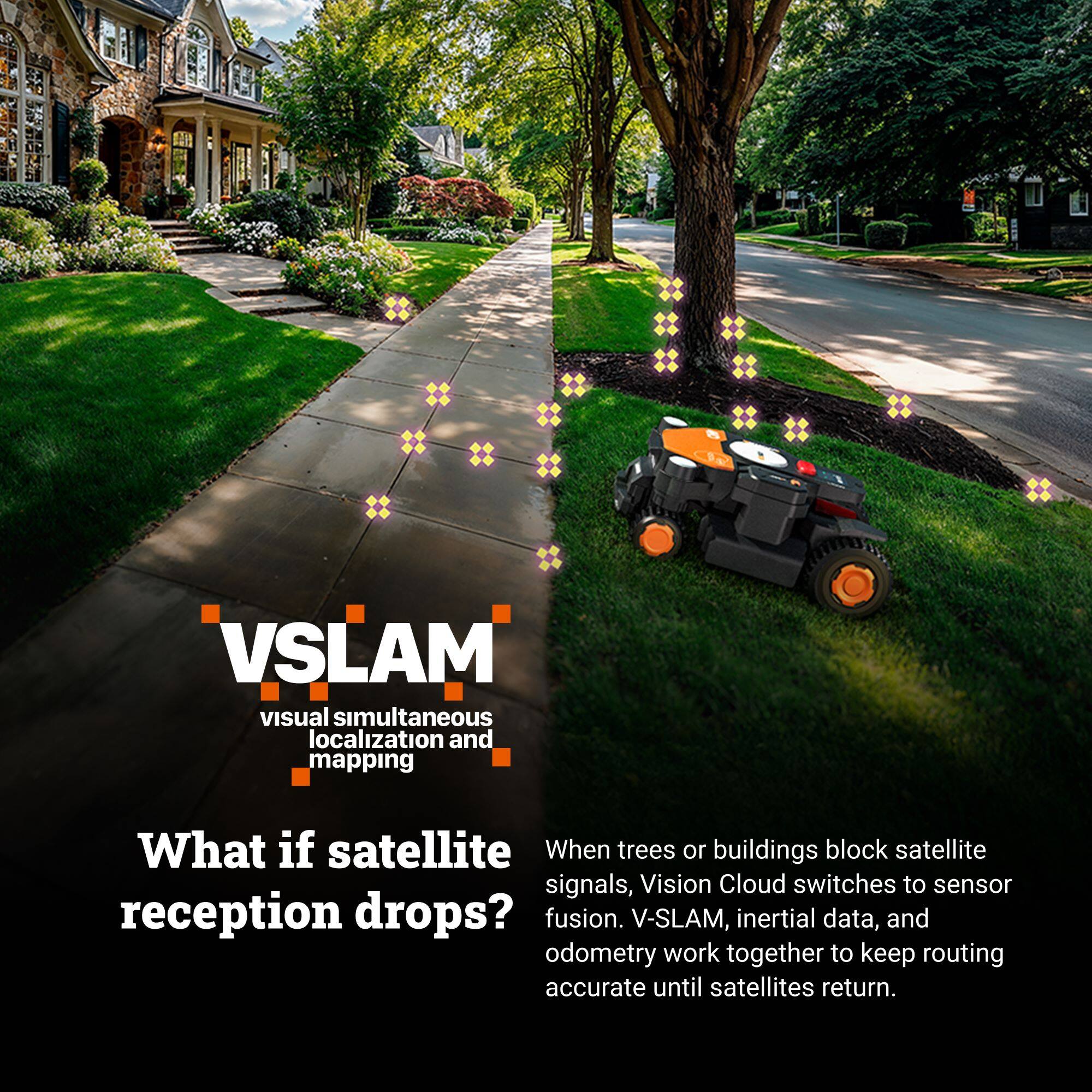 VSLAM  
visual simultaneous localization and mapping

What if satellite reception drops?

When trees or buildings block satellite signals, Vision Cloud switches to sensor fusion. V-SLAM, inertial data, and odometry work together to keep routing accurate until satellites return.