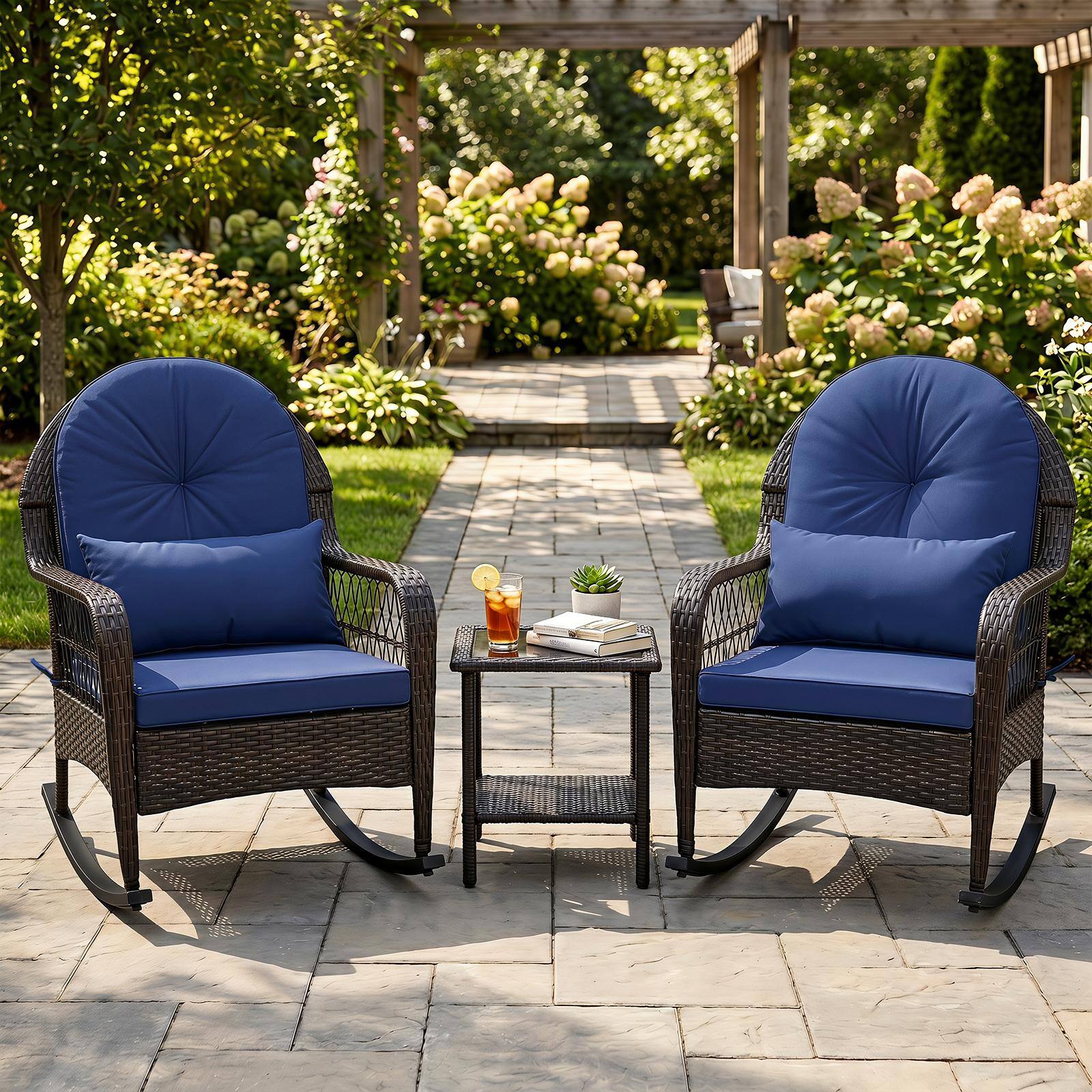 Alt View 4. Costway - Costway 2PCS Outdoor Wicker Rocking Chair, 400 LBS Rattan Rocker Chair with Thick Cushions - Mix Brown + Navy Blue.