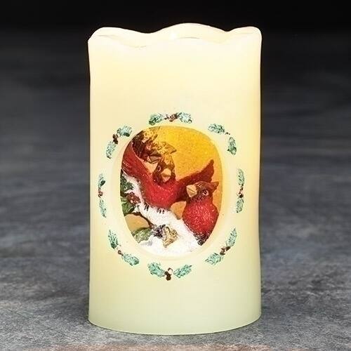 Front. Roman - 5" Vibrantly Colored Cardinals Scene Flickering Flame-less LED Candle - White.