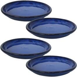 Sunnydaze - 12 in Glazed Ceramic Flower Pot/Plant Saucer - Set of 4 - Imperial Blue