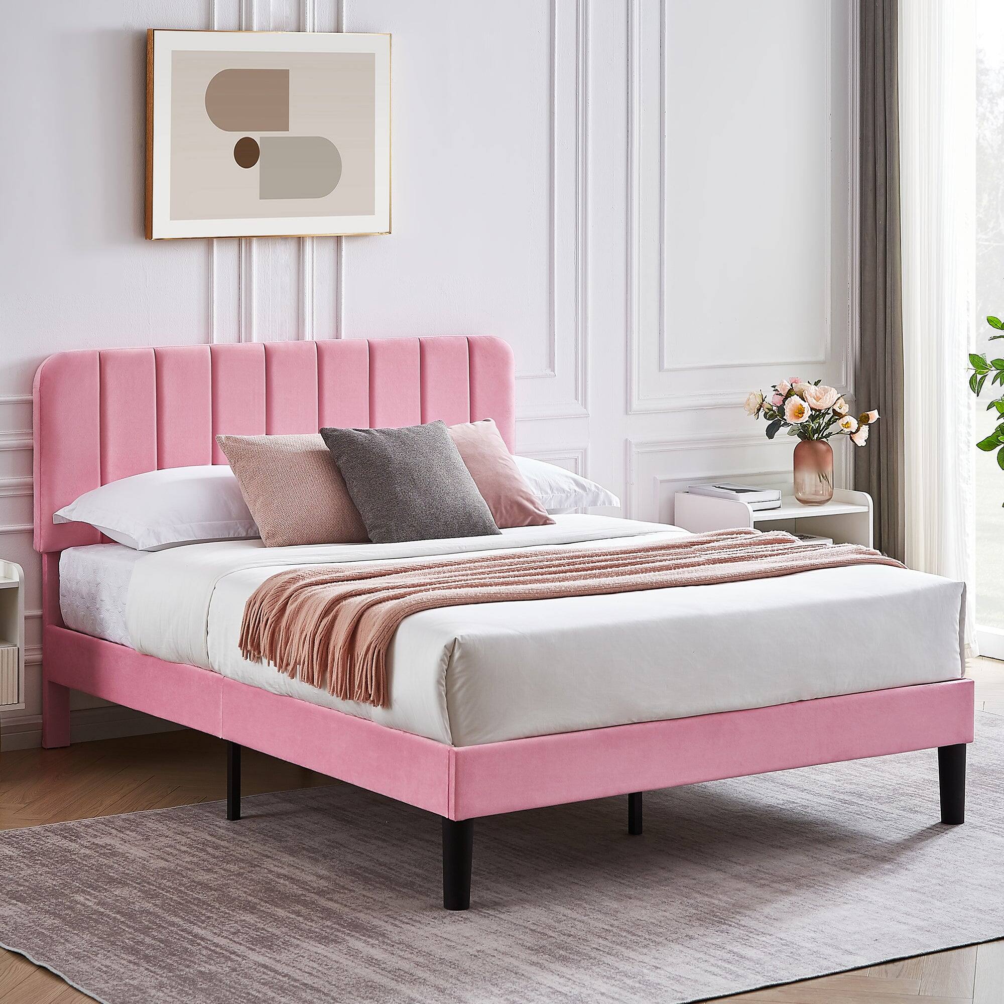 Alt View 2. Vecelo - Upholstered Full Size Platform Bed Frame with Adjustable Headboard,Velvet Bed Frame No Box Spring Needed - Pink.