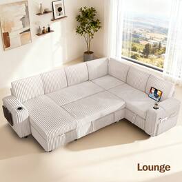 Dyonery - 110-inch 7-seater sofa with a pull-out bed, adjustable backrest, storage space, corduroy beige - Beige
