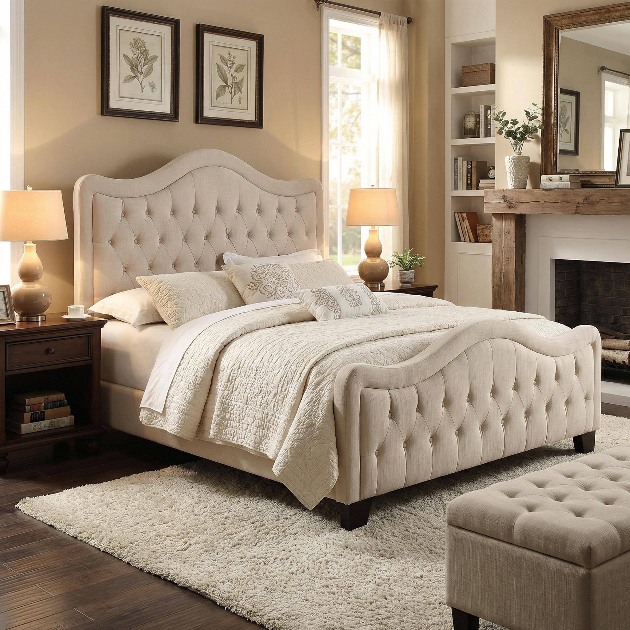 Alt View 1. Boyel Living - Curved Tufted Upholstered Bed with Solid Wood Frame and Optional High Footboard - Beige.