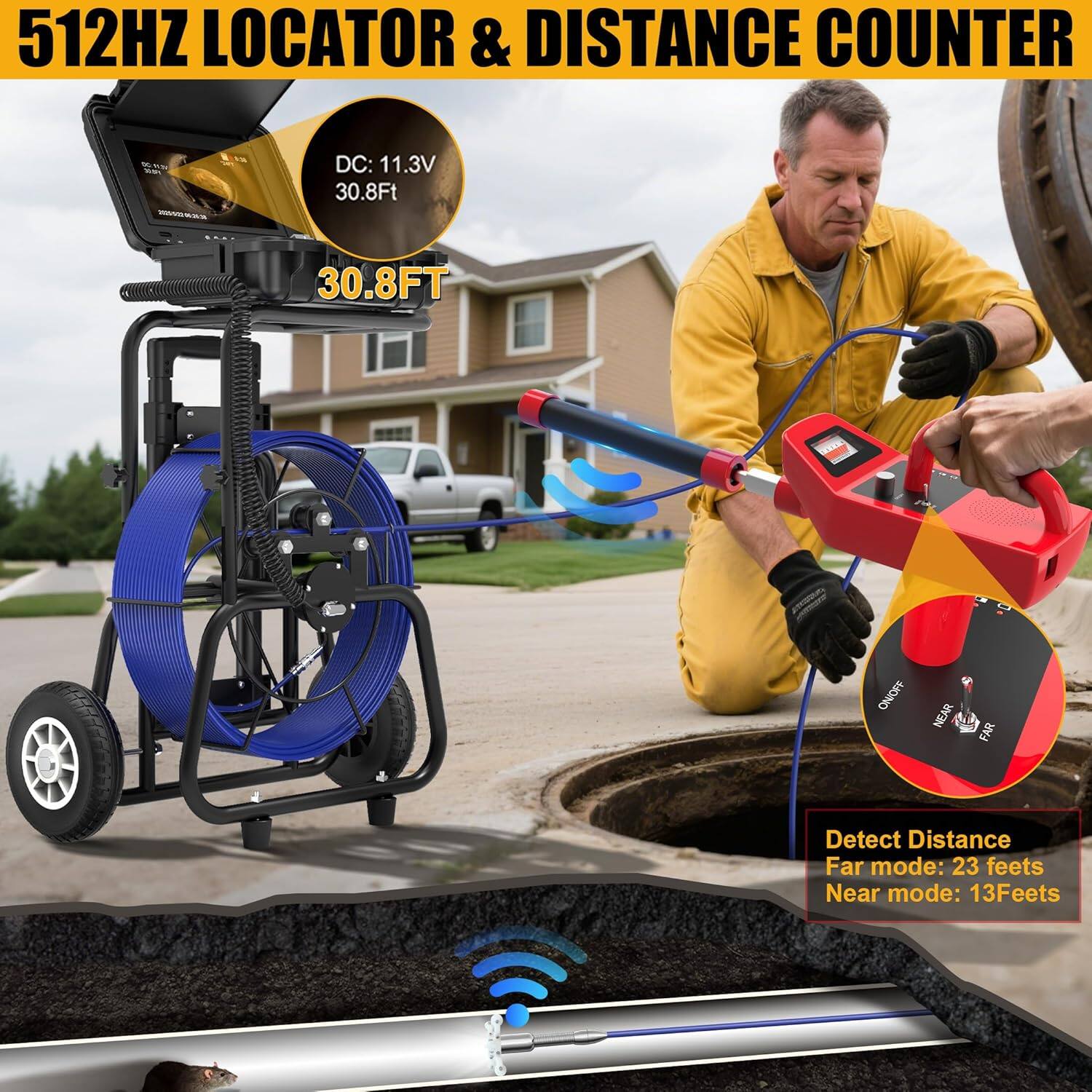 Alt View 5. Aukfa - Sewer Camera with Locator - 10" HD Endoscope, Self-Leveling, IP68, 200Ft 7MM Cable, DVR.