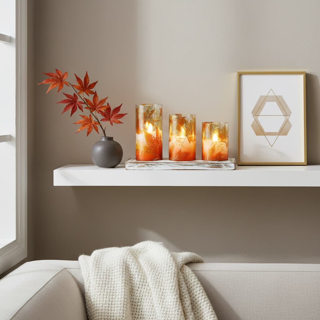 Alt View 2. FINEAK - Fall Decor Flameless Candles - Battery-Operated with Remote, Maple Leaf Glass LED Flickering Pillar, Timer - Orange.