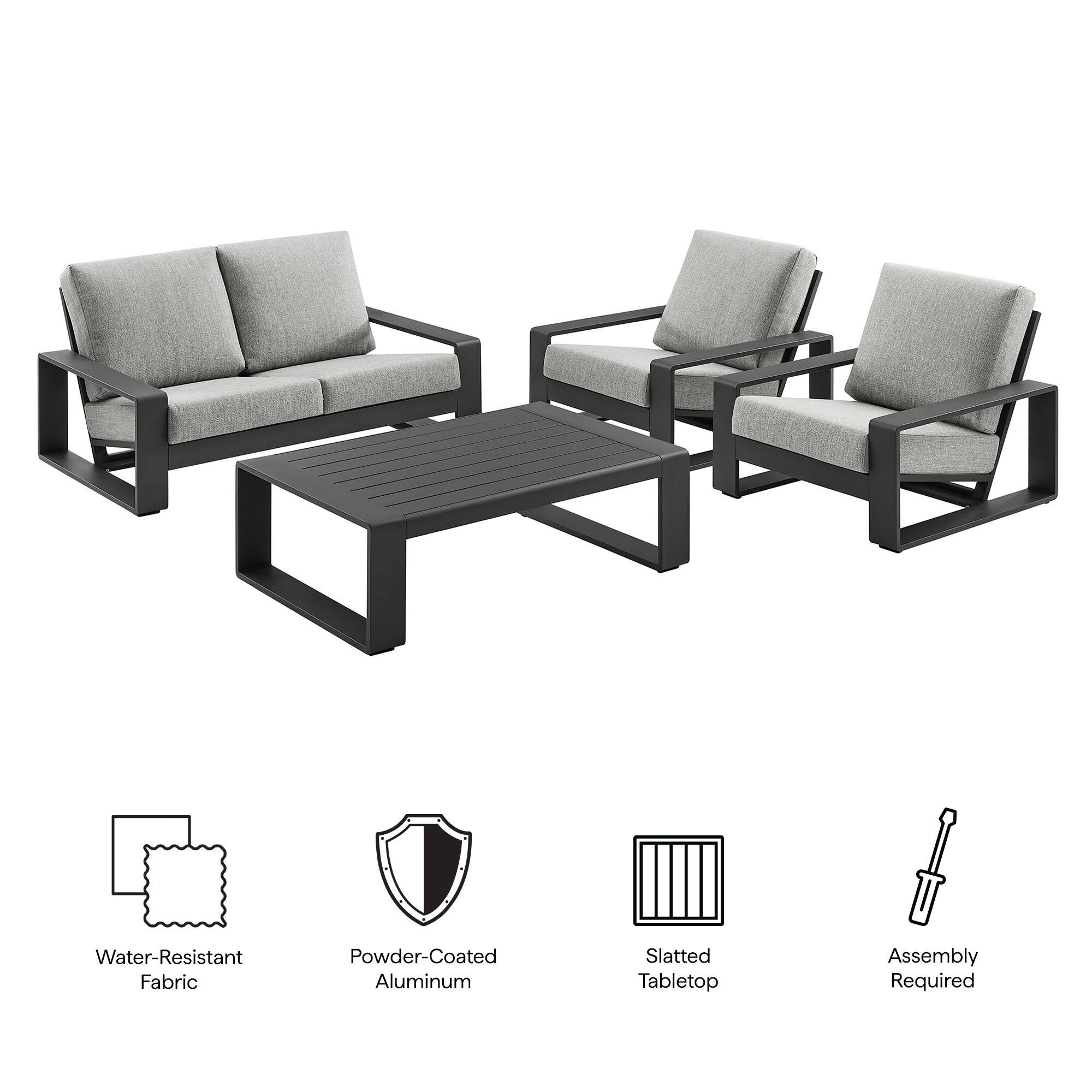 Water-Resistant Fabric, Powder-Coated Aluminum, Slatted Tabletop, Assembly Required
