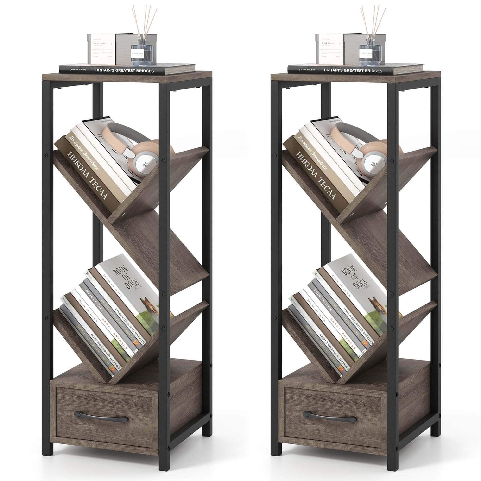 Costway - 2 PCS 4 Tier Floor Standing Storage Organizer with Drawer Anti-Tipping Kits - Gray & Black