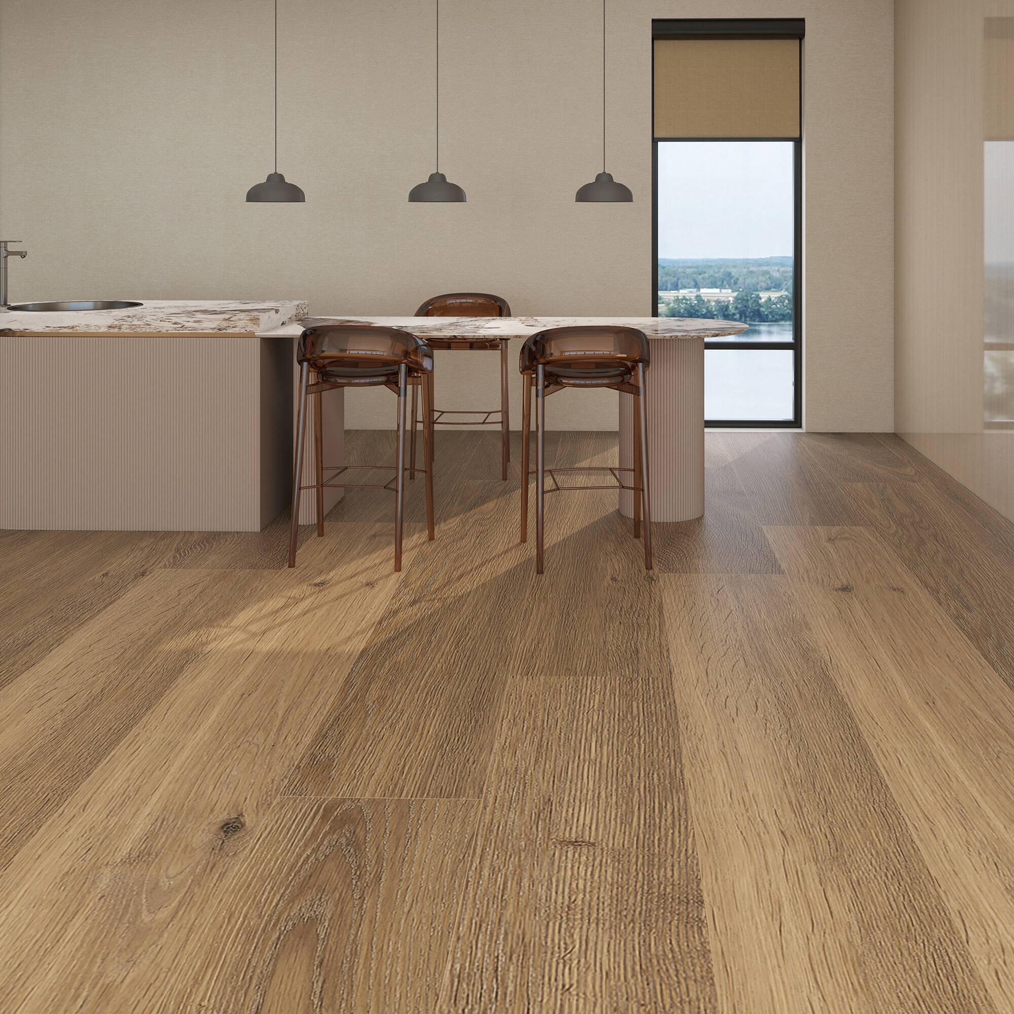 Angle. Dotfloor - Superoak PLUS Laminate Flooring - 72.7"x9.6" Planks, 6 Planks/Box (27.09 sq ft/Box), 12mm Thick, AC5 Wear Rating - Classic Hickory.