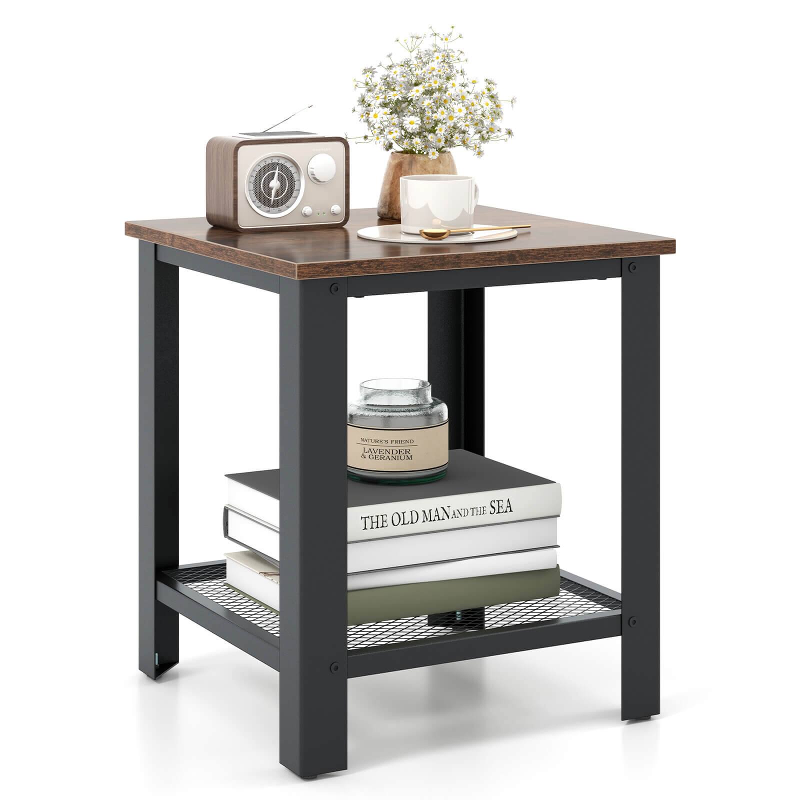 Costway - Industrial End Table 2-Tier Side Table with Storage Shelf Rustic Sofa Table Black - Rustic Brown + Black