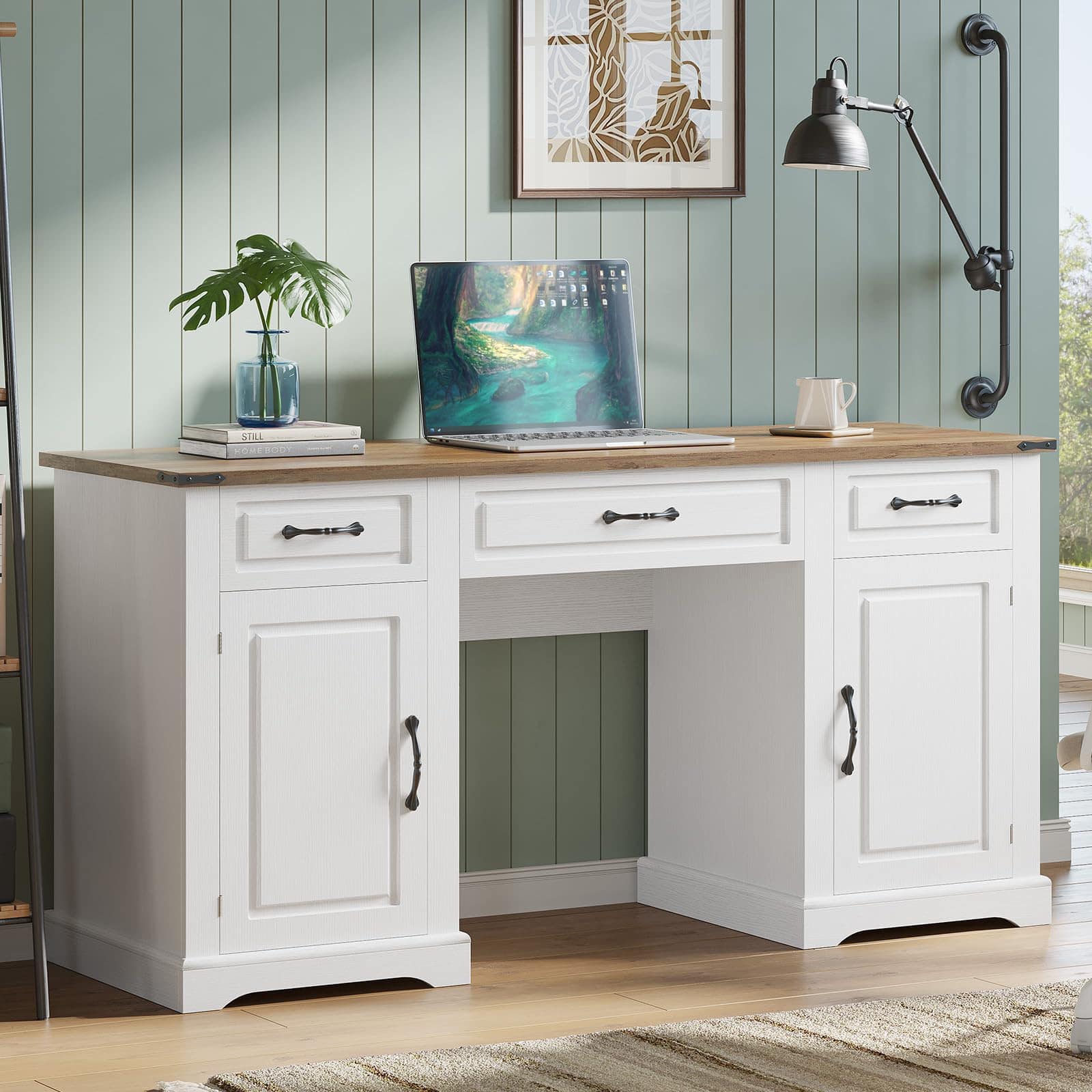 Acekool - 60" Farmhouse Executive Desk with Drawers & Storage Cabinets, Rustic Writing Desk for Home Office - White