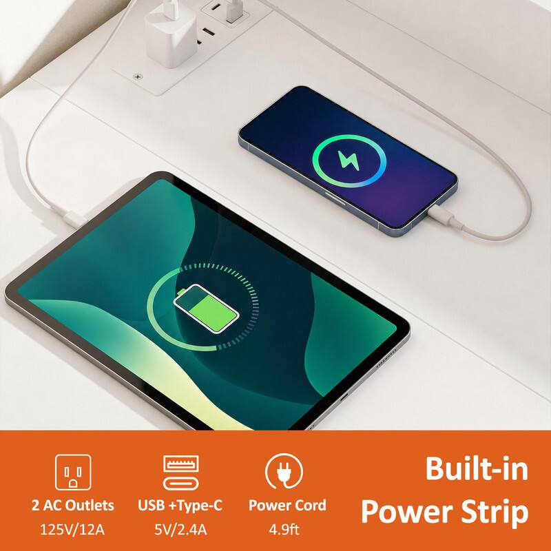 2 AC Outlets 125V/12A Built-in USB + Type-C Power Cord Power Strip 5V/2.4A 4.9ft