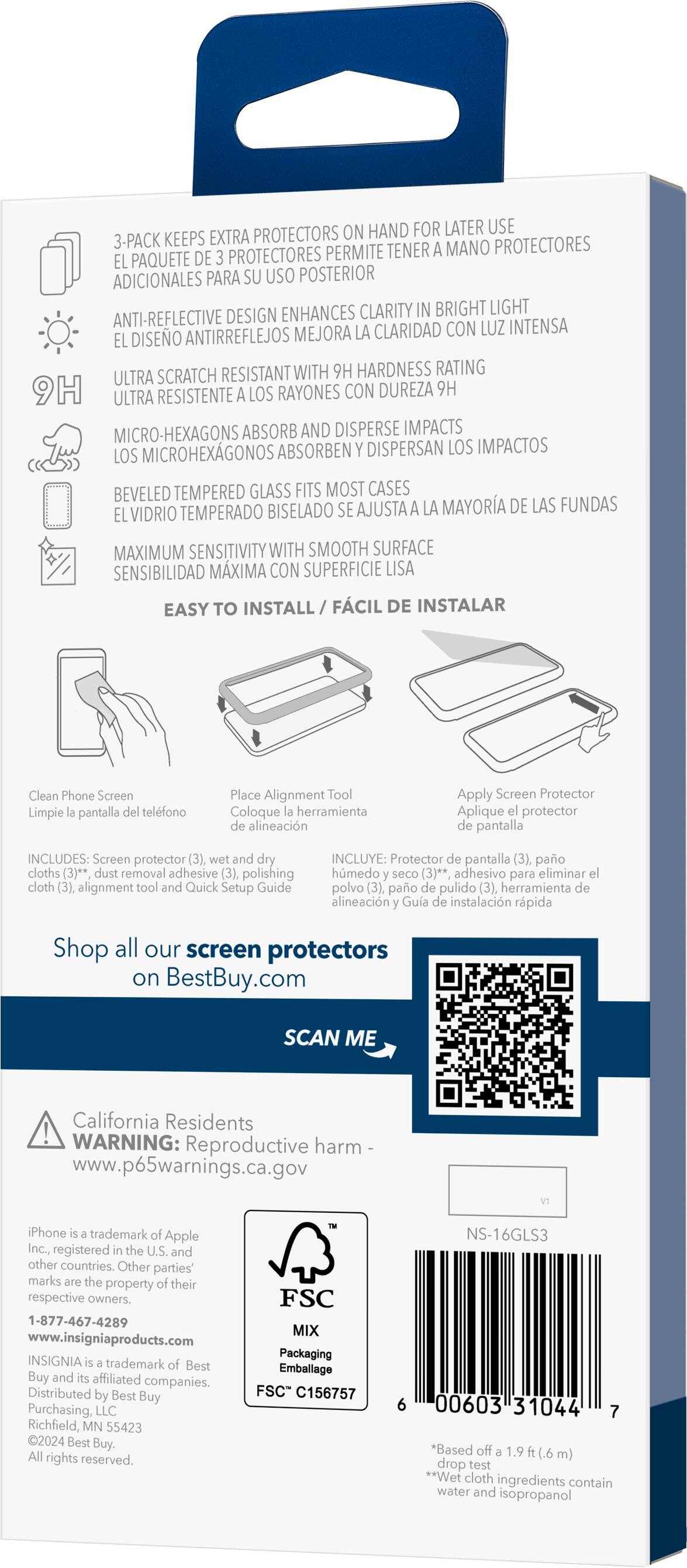 The text on the image has been grouped and corrected as follows:

1. ON HAND FOR LATER USE: "Protectores adicionales para su uso posterior"
2. 3-PACK KEEPS EXTRA PROTECTORS: "Paquete de protectores para mantener extra"
3. ENHANCES CLARITY: "Mejora la claridad"
4. BRIGHT LIGHT ANTI-REFLECTIVE DESIGN: "Diseo antirreflejos"
5. ULTRA SCRATCH RESISTENTE: "Resistente a los rayones con dureza 9H"
6. ULTRA MICRO-HEXAGONS: "Microhexagonos"
7. ABSORB AND DISPERSE IMPACTS: "Absorben y dispersan los impactos"
8. TEMPERED GLASS FITS MOST CASES: "Vidrio temperado ajusta mayormente las fundas"
9. MAXIMUM SENSITIVITY WITH SMOOTH SURFACE: "Sensibilidad maxima con superficie lisa"
10. EASY TO INSTALL: "Facil de instalar"
11. Clean Phone Screen: "Limpie pantalla telfono"
12. Place Alignment Tool: "Coloque herramienta alineacin"
13. Apply Screen Protector: "Aplique protector pantalla"
14. INCLUDES: "Incluye:"
15. Screen protector cloths (3)** removal adhesive polishing cloth alignment: "Protector pantalla pao hmedo (3)** adhesivo para eliminar polvo"
16. Quick Setup Guide: "Guia de instalacin rapida"