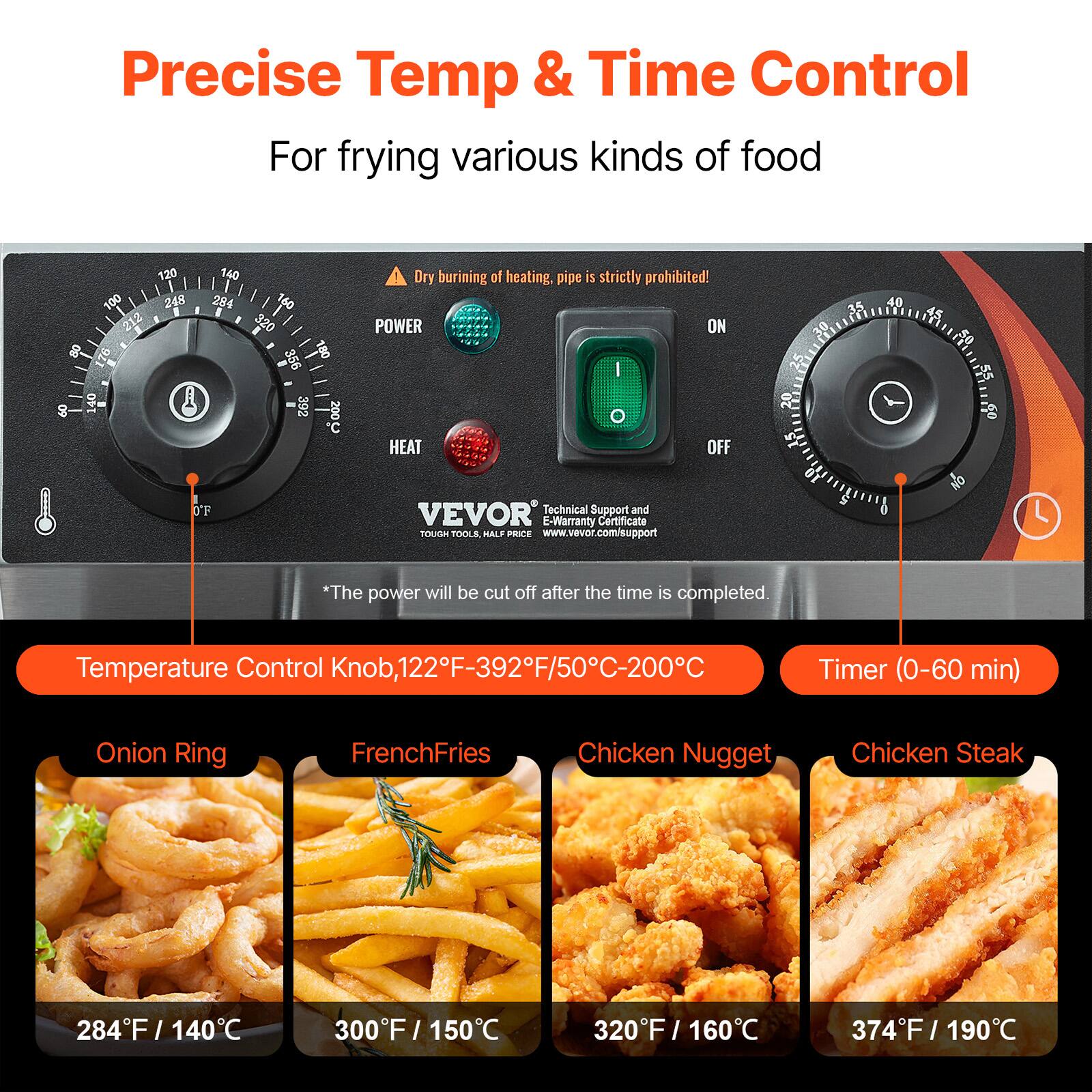 Precise Temp & Time Control  
For frying various kinds of food

120 100 248 212 80 09 140  
140 284 160 320 356 180 392 200 C

Dry burning of heating, pipe is strictly prohibited!  
POWER ON HEAT OFF  
20  
35  
40  
As ds  180  
OF  
VEVOR Technical Support and E-Warranty Certificate TOUGH TOOLS, HALF PRICE www.vevor.com/support  
5  
*The power will be cut off after the time is completed.  
Temperature Control Knob, 122F-392F/50C-200C  
Timer (0-60 min)  
Onion Ring  
FrenchFries  
Chicken Nugget  
Chicken Steak  
284F 140C  
300F/150C  
320F 160C  
374F 190C