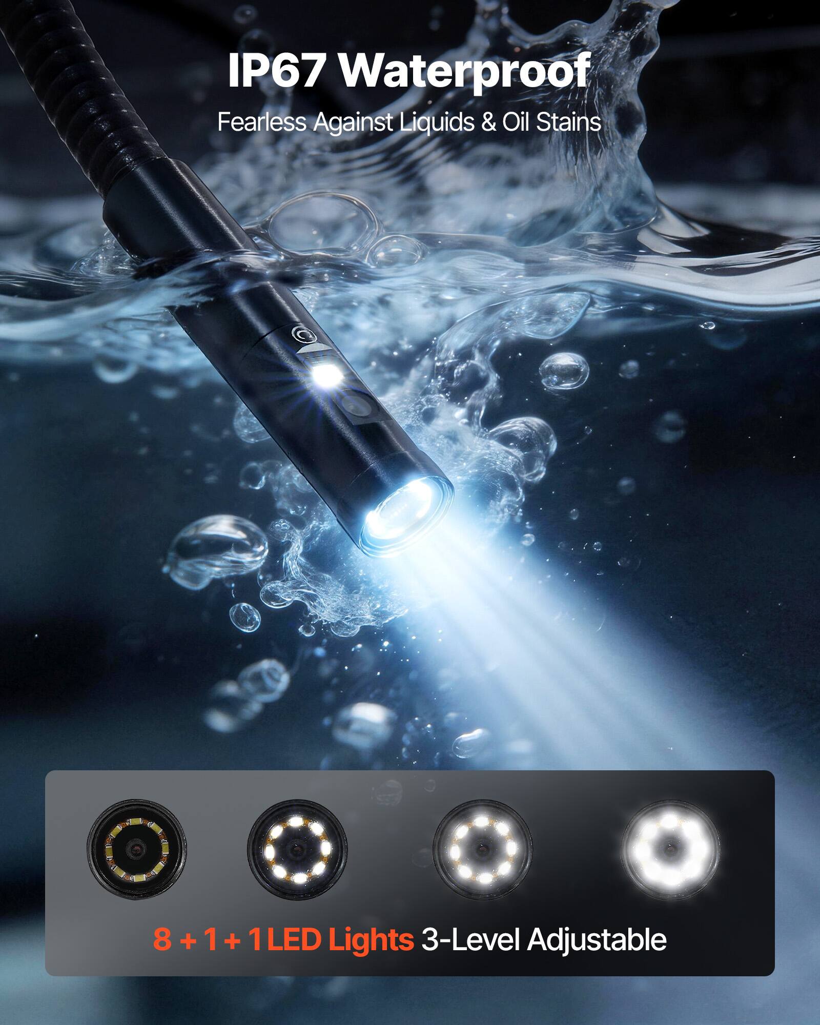 IP67 Waterproof  
Fearless Against Liquids & Oil Stains  

8 + 1 + 1 LED Lights  
3-Level Adjustable