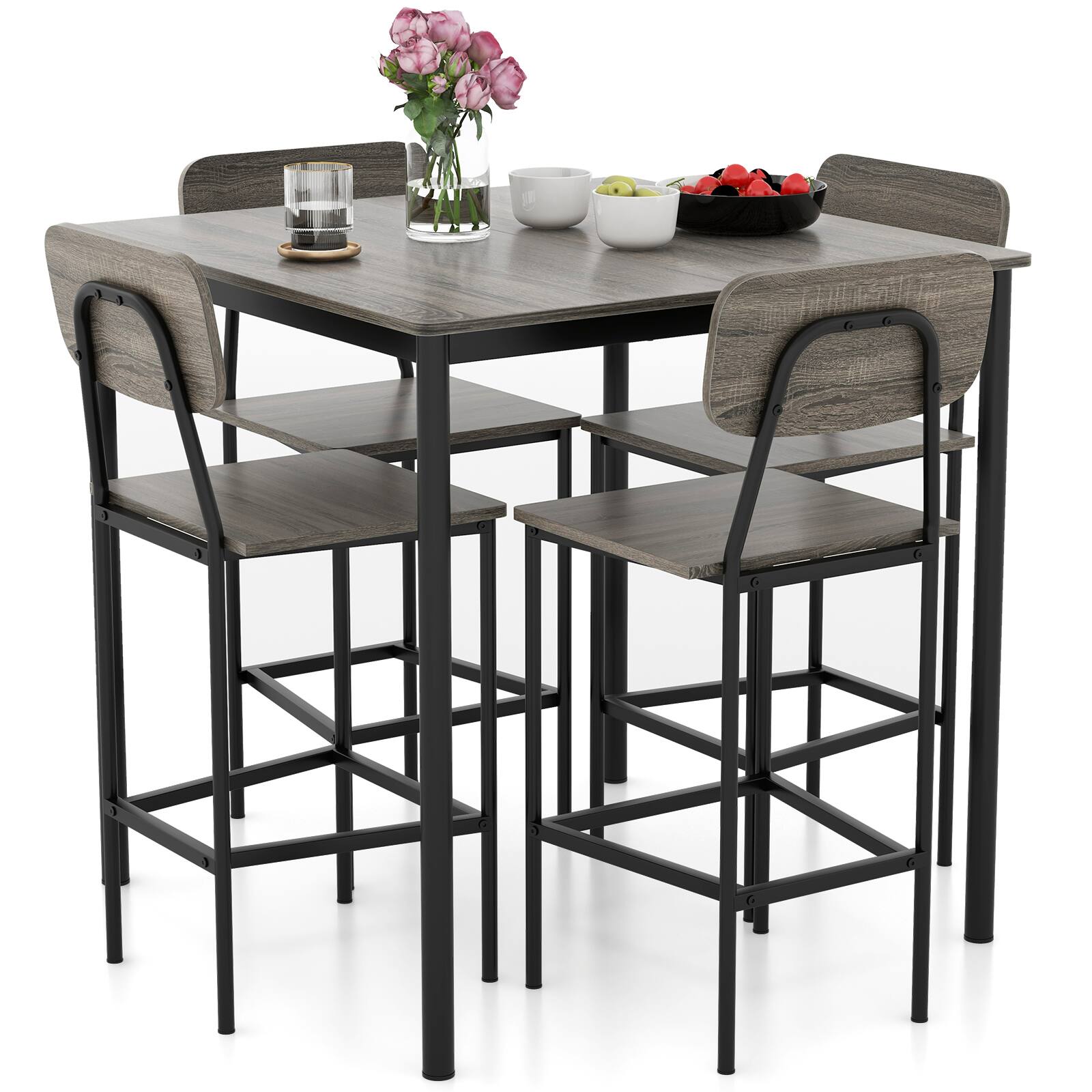 Back. SlickBlue - 5-Piece Industrial Dining Set with Counter Height Table and 4 Bar Stools - Grey.