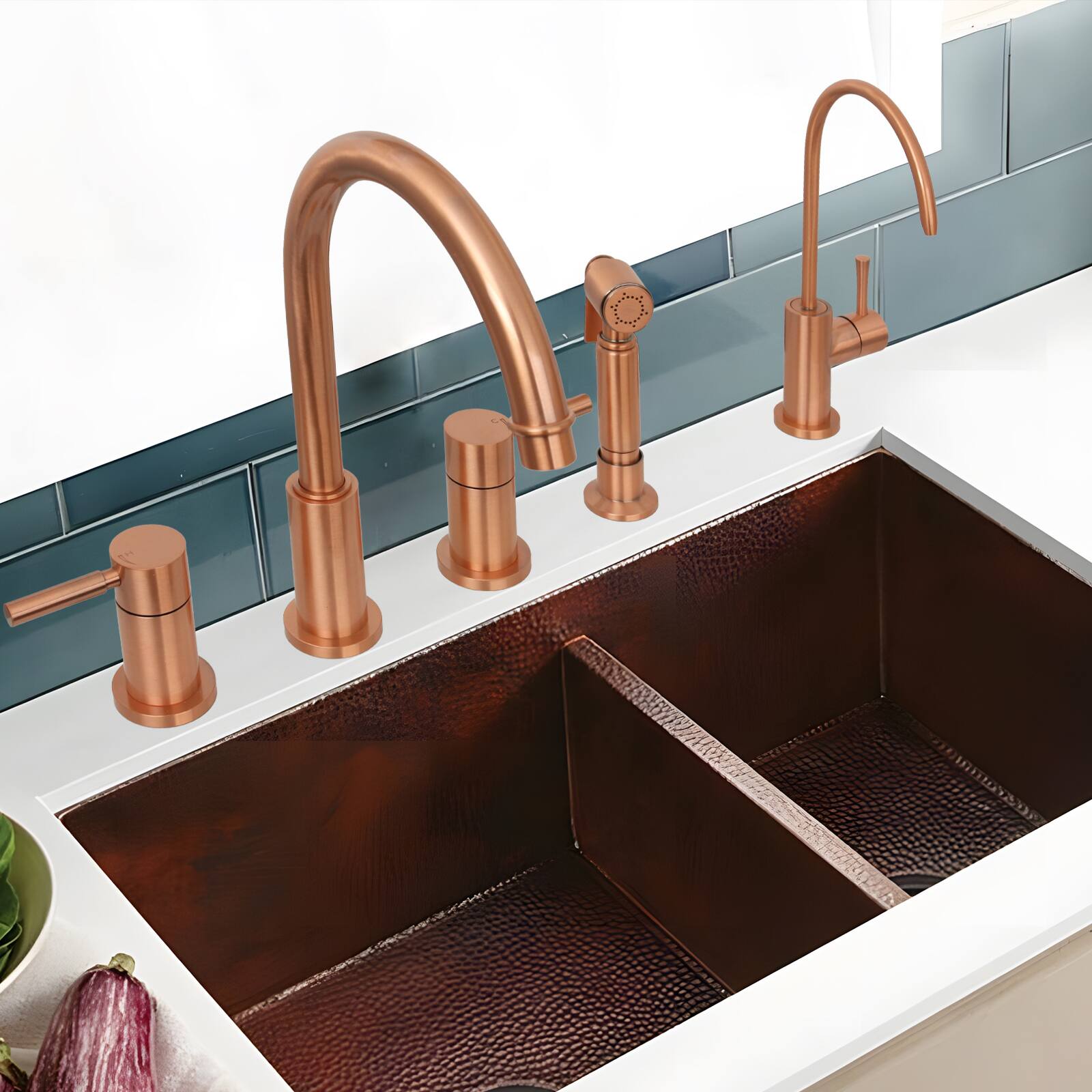 Alt View 5. Akicon - Akicon Solid Brass Double-Handle 360° Swivel Widespread Kitchen Faucet with Side Sprayer in Copper - Copper.