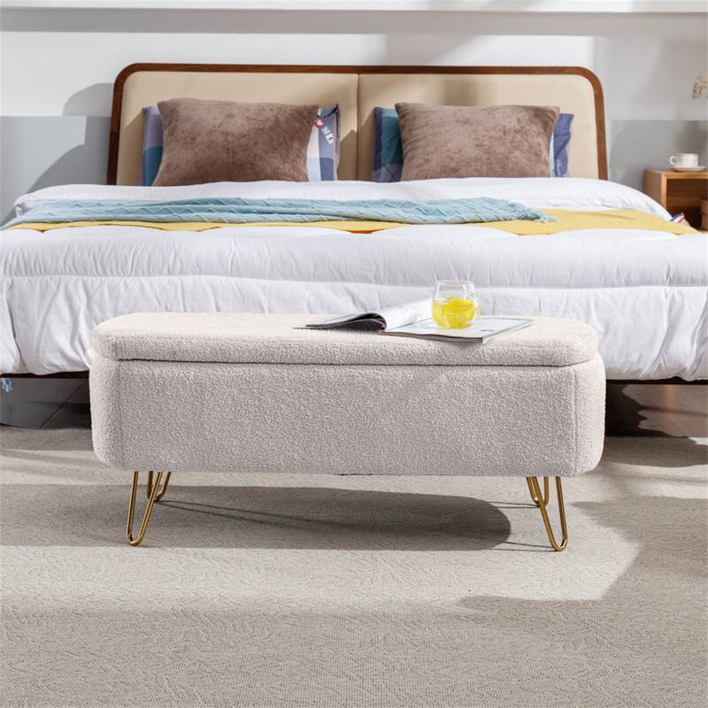 Alt View 8. HTUTWOO - Storage Ottoman Bench for Bedroom - Faux Fur Upholstered Bench with Gold Legs, Padded Storage Bench for Living Room - Ivory.