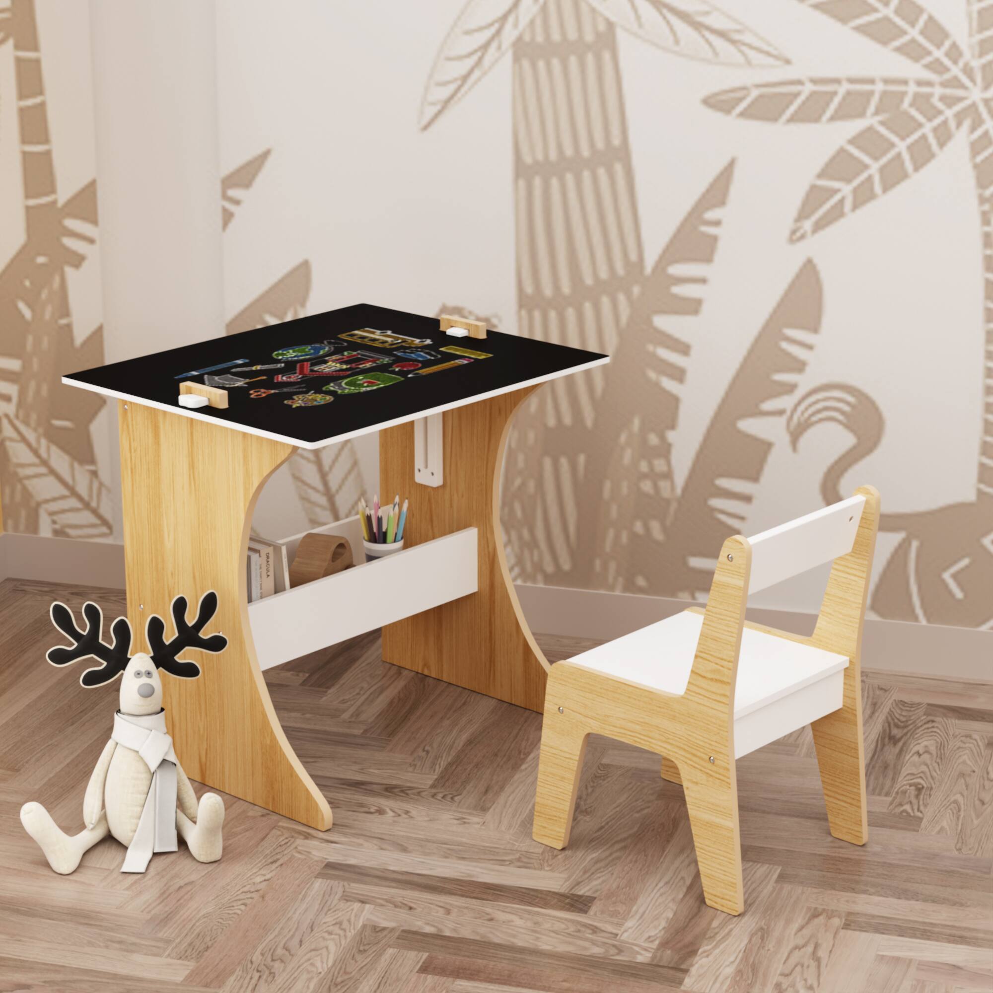 Alt View 2. Tiramisubest - Kids Table Set with Chair,Multifunctional Wooden Children Study Table-Convertible Tabletop for Drawing & Play,Natural - White.