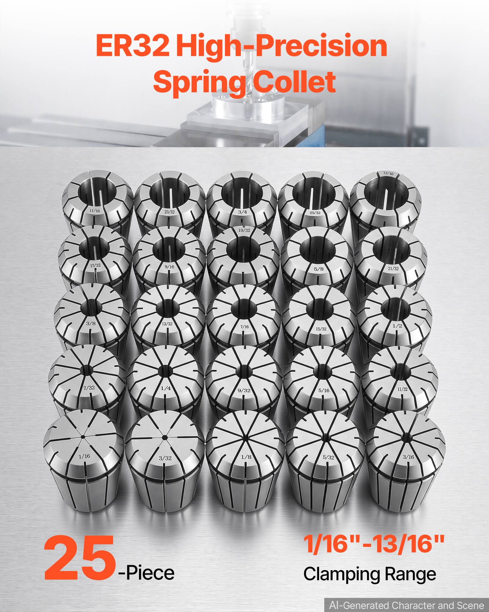 ER32 High-Precision Spring Collet

12/16
11/16
23/32
3/4
25/32
19/32
11/32
9/16
5/8
21/32
3/8
13/32
7/16
15/32
1/2
7/32
1/4
9/32
5/16
11/32
1/16
3/32
1/8
5/32
3/16

25-Piece

1/16" - 13/16" Clamping Range

AI-Generated Character and Scene