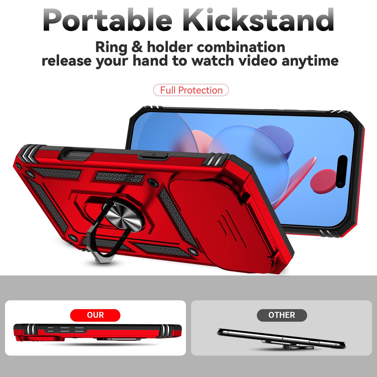 Portable Kickstand  
Ring & holder combination release your hand to watch video anytime  
Full Protection  

OUR  
OTHER