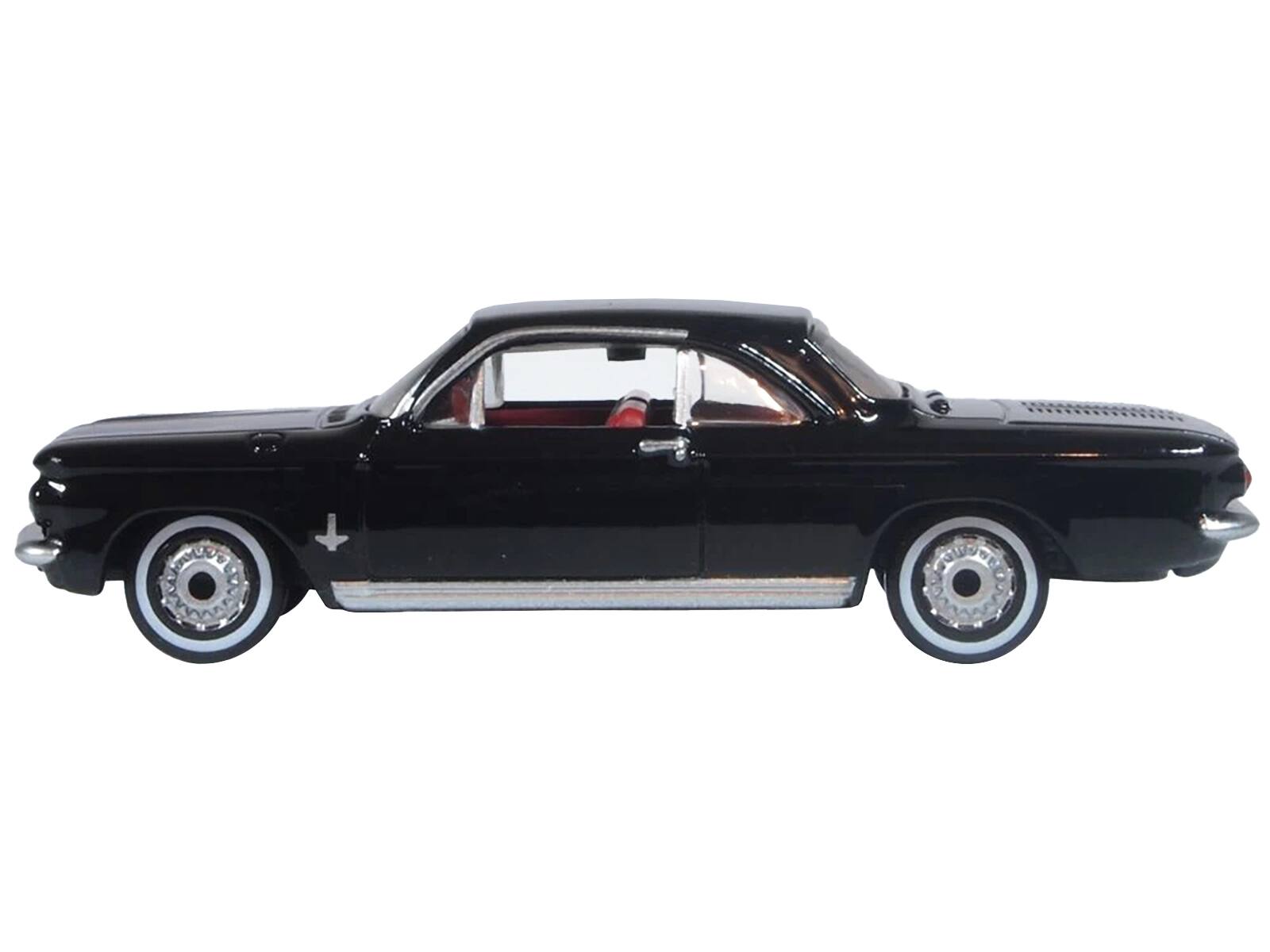 Alt View 1. Oxford Diecast - 1963 Chevrolet Corvair Coupe Tuxedo Black with Red Interior  1/87 (HO) Scale Diecast Model Car by Oxford Diecast.