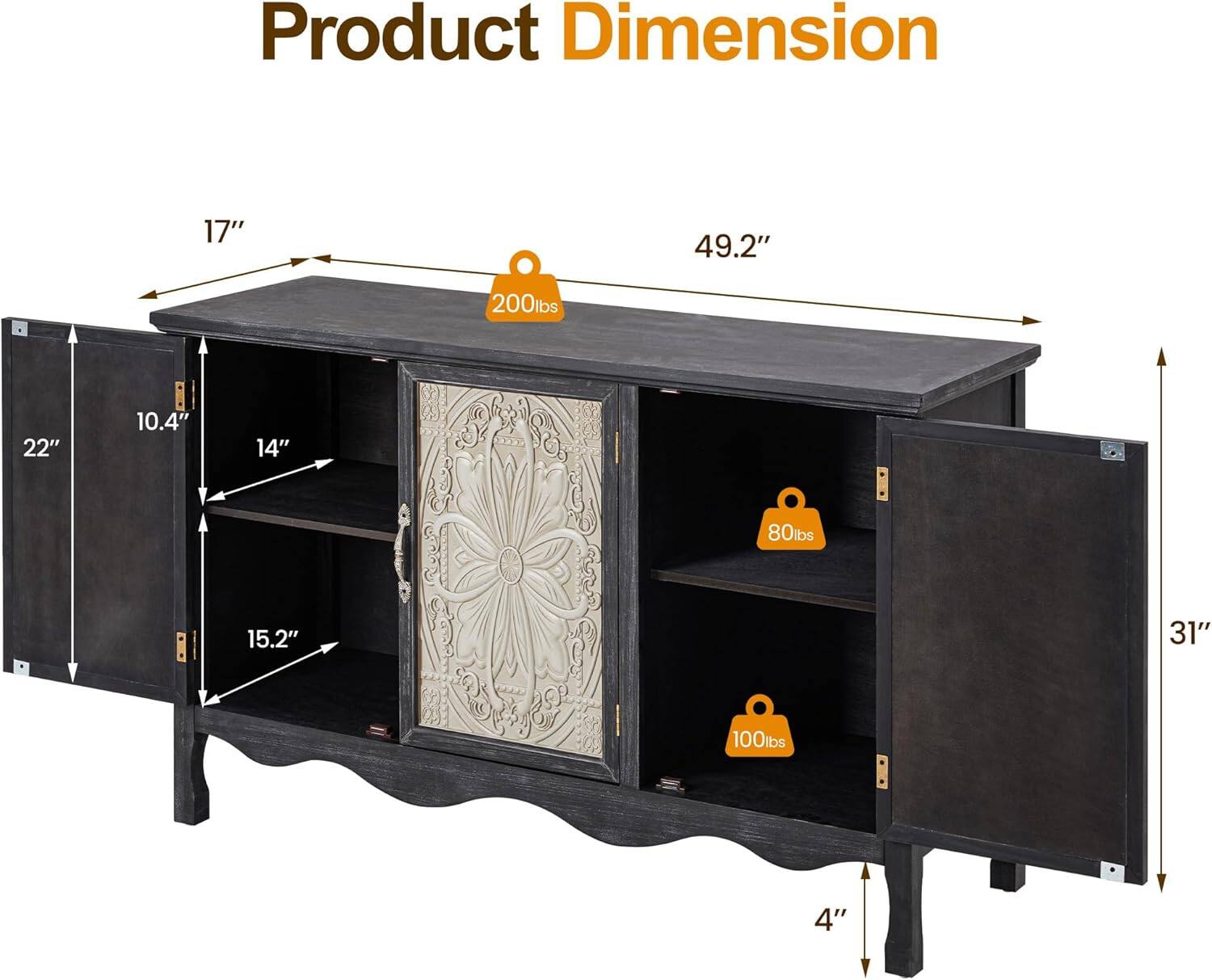 Product Dimension  
17" x 49.2" x 200lbs  
22" x 10.4" x 14" x 80lbs  
15.2" x 31" x 100lbs  
4"