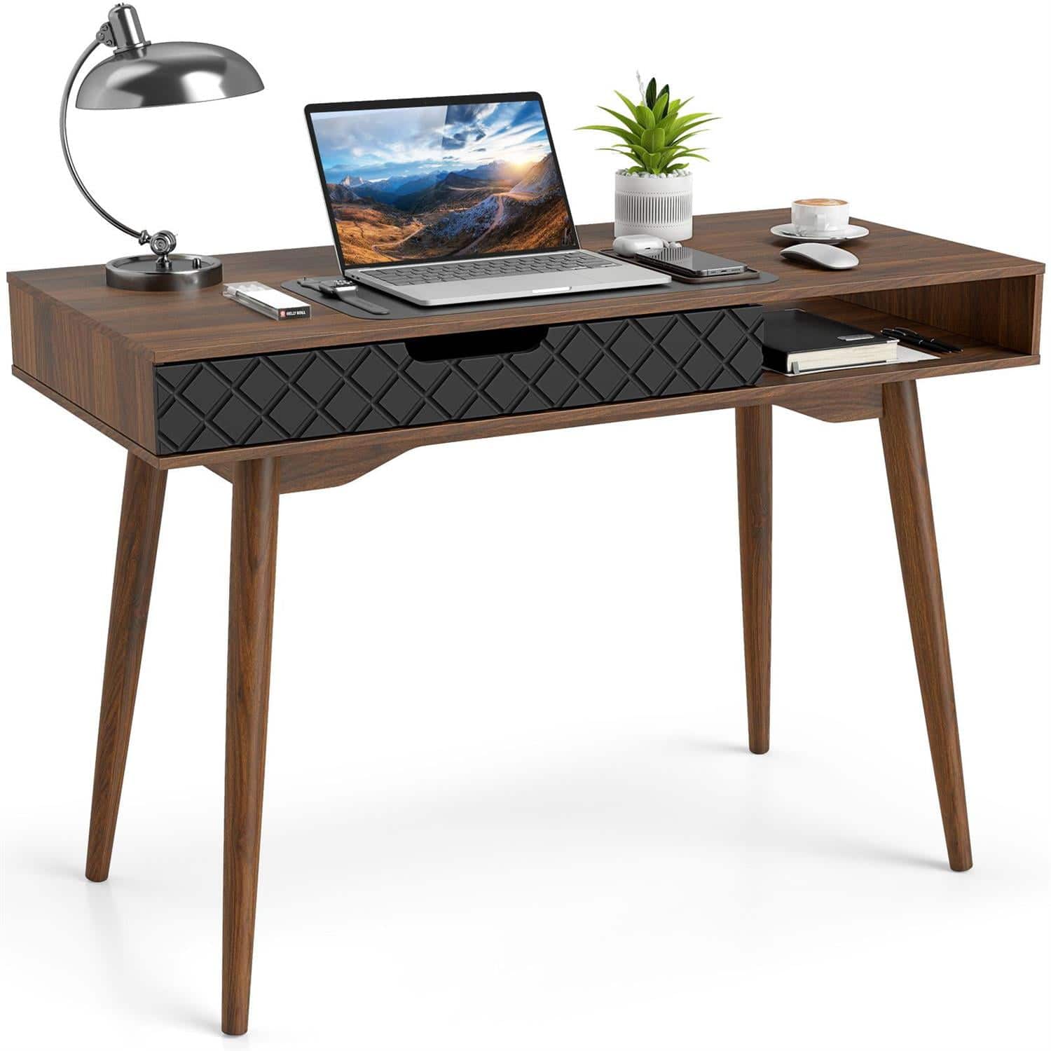 Pefilos - Mid-Century Modern Computer Desk - Rubber Wood Legs Anti-Tip Device, Drawer & Open Compartment - Brown