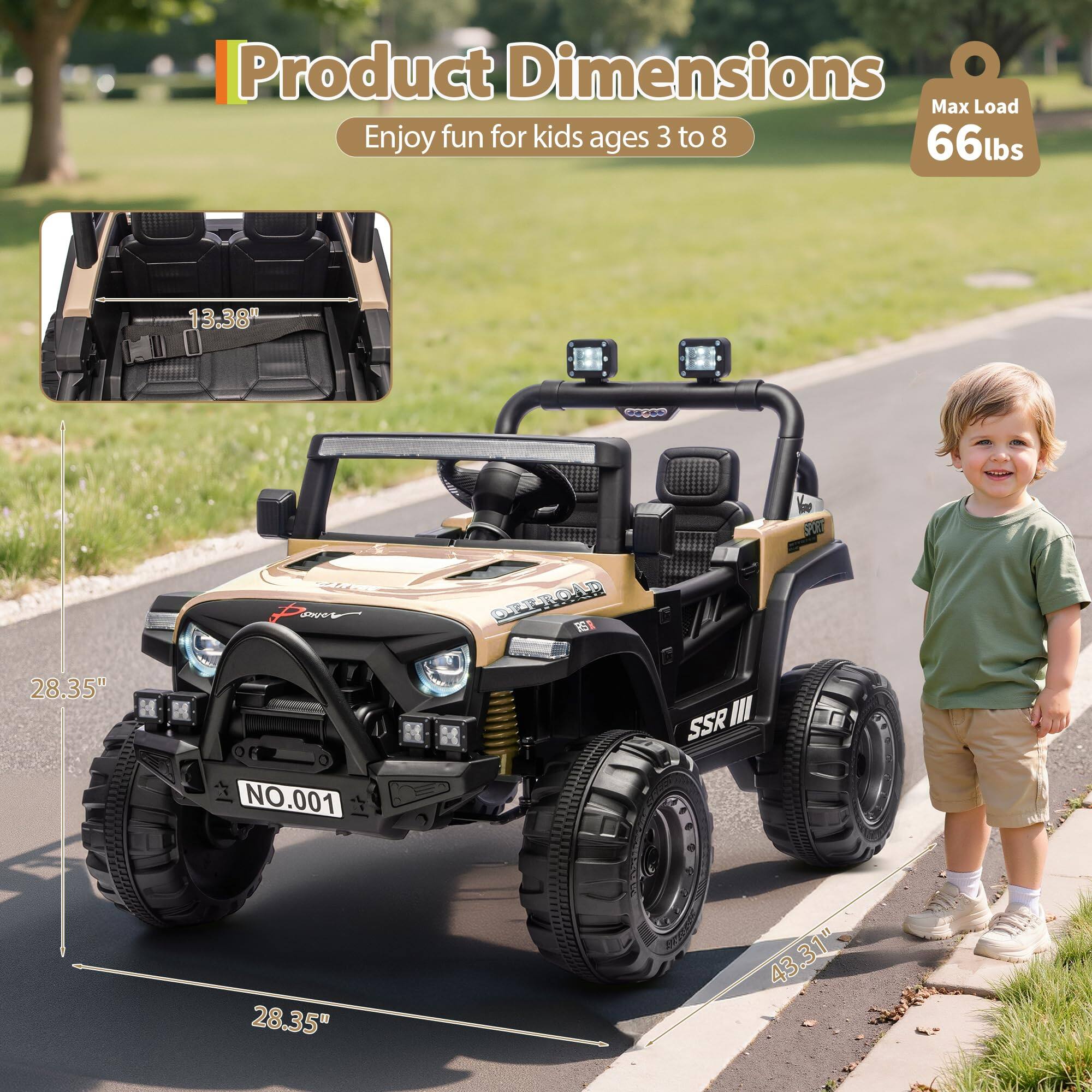 Product Dimensions  
Enjoy fun for kids ages 3 to 8  
Max Load 66lbs  

13.38"  
28.35"  
43.31"  
28.35"