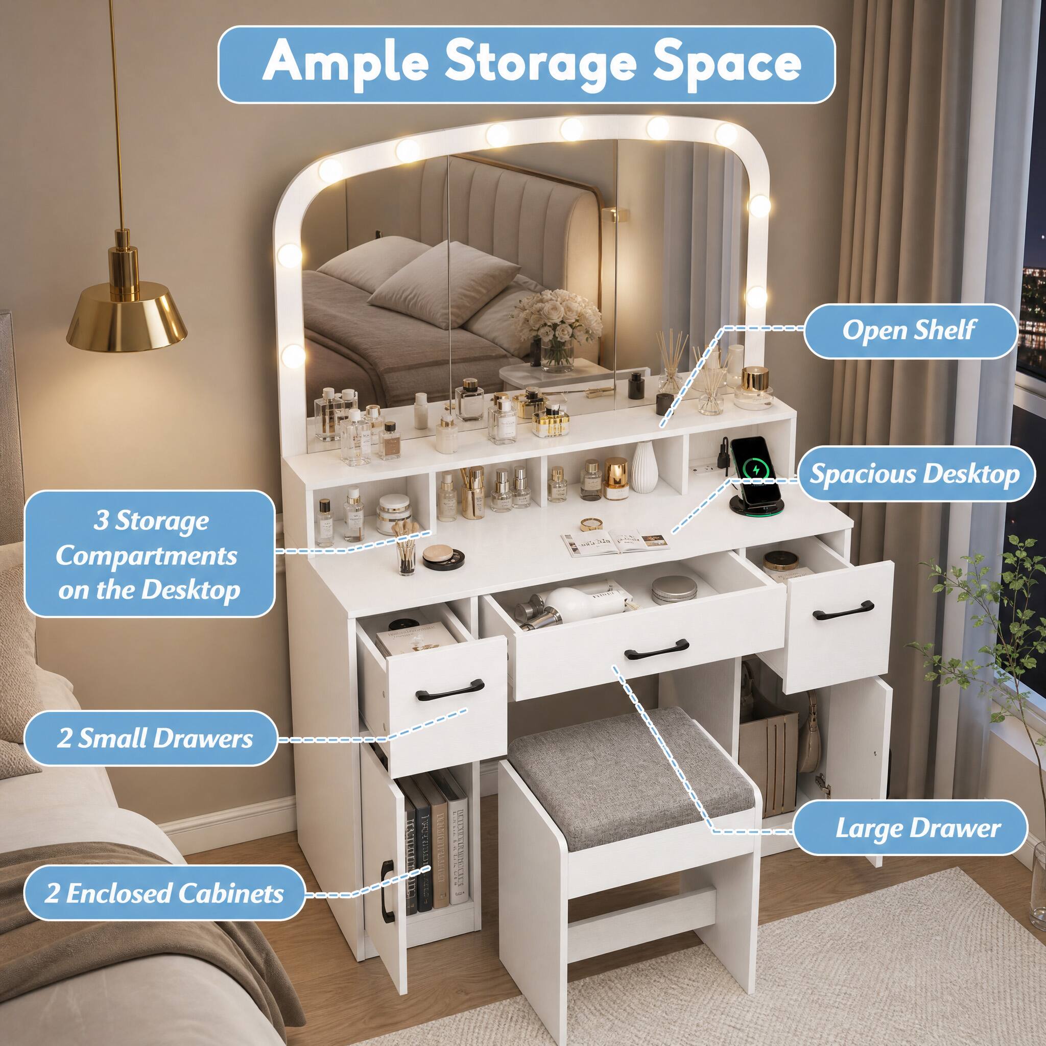 Ample Storage Space
Open Shelf
3 Storage Compartments on the Desktop
Spacious Desktop
2 Small Drawers
Large Drawer
2 Enclosed Cabinets
