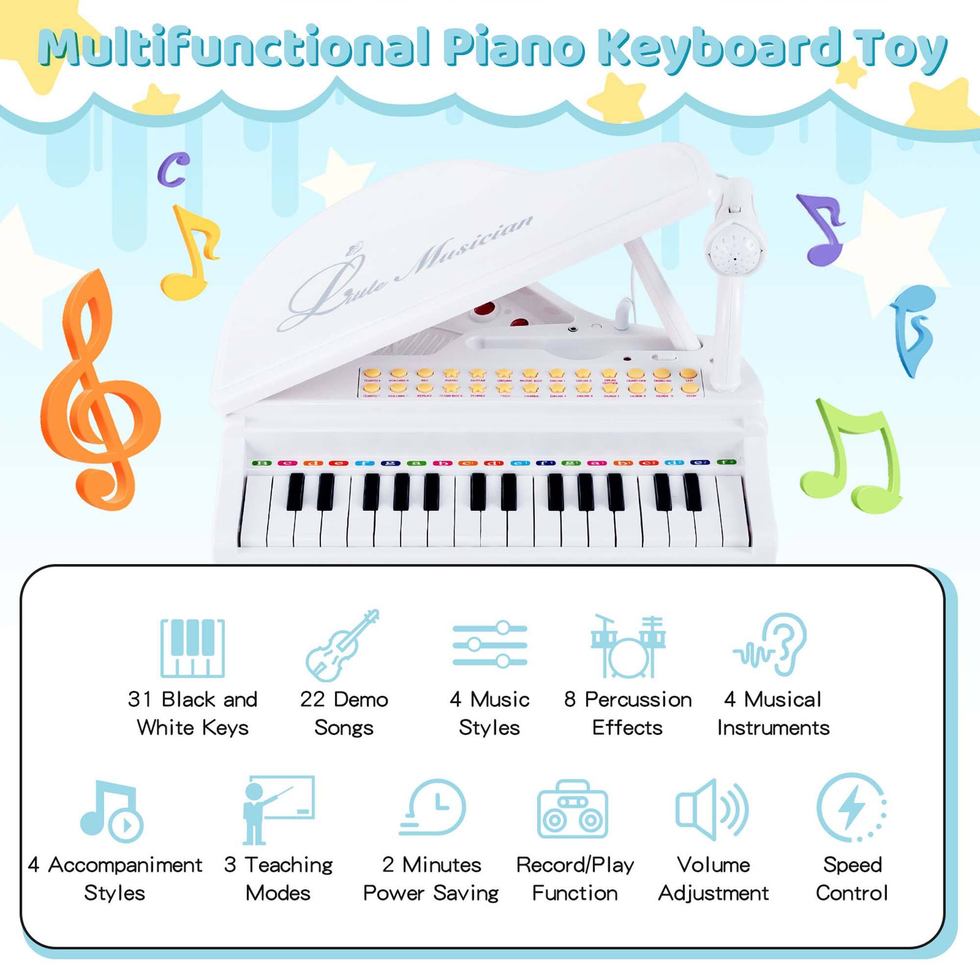 Multifunctional Piano Keyboard Toy: J Masician Li J. 31 Black and White Keys, 22 Demo Songs, 4 Music Styles, 8 Percussion Instruments, 4 Musical Effects, 4 Accompaniment, 3 Teaching, 2 Minutes Record/Play, Volume, Speed, Styles, Modes, Power Saving Function, Adjustment Control.