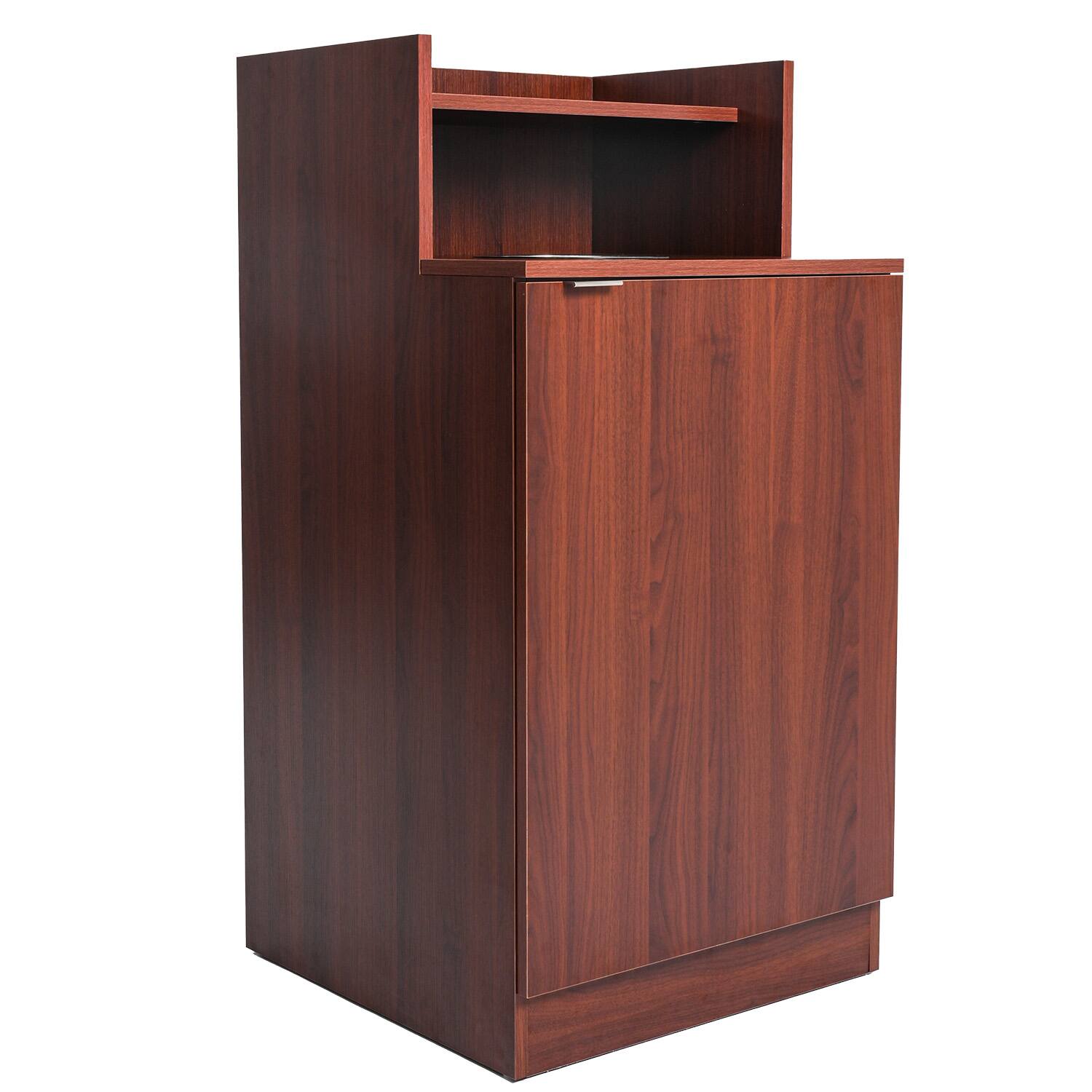 Left. Alpine Industries - 32 Gallon Wood Food Tray Top Trash Enclosure with Drop Hole - Mahogany.