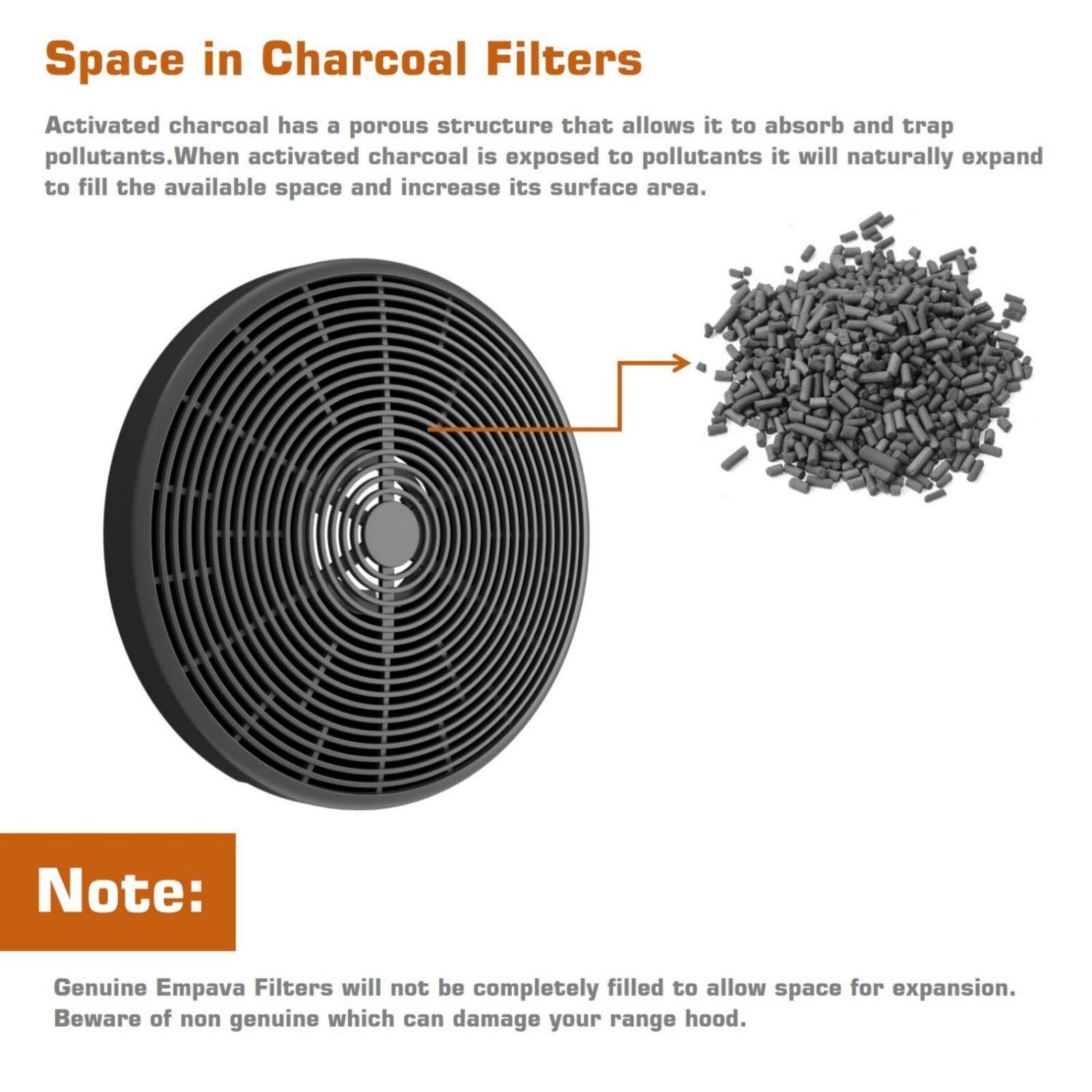 Space in Charcoal Filters: Activated charcoal has a porous structure that allows it to absorb and trap pollutants. When activated charcoal is exposed to pollutants, it will naturally expand to fill the available space and increase its surface area. Note: Genuine Empava Filters will not be completely filled to allow space for expansion. Beware of non-genuine filters, which can damage your range hood.